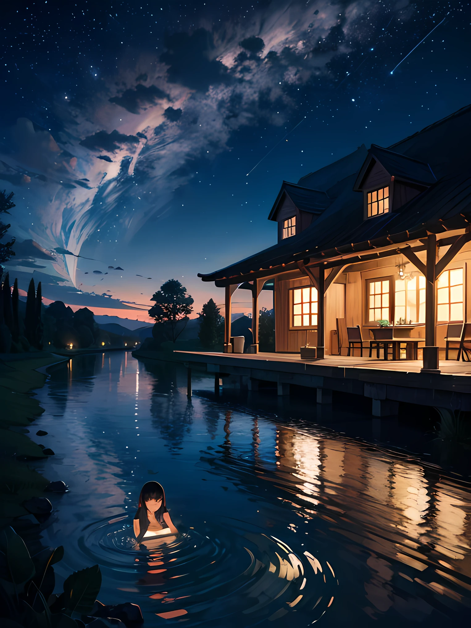"River theme, starry night, 1 girl enjoying the tranquil beauty beneath a celestial canopy."