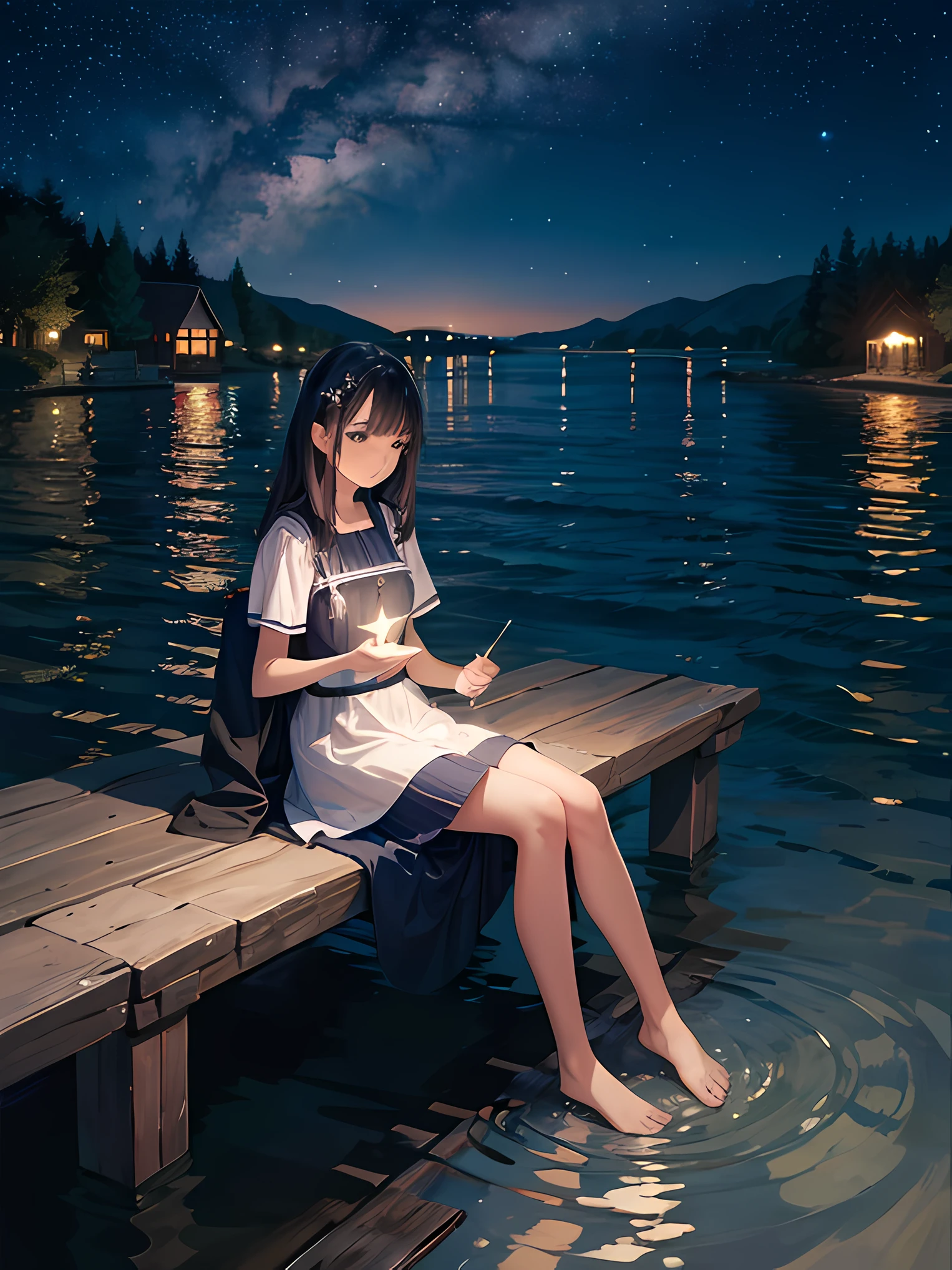 "River theme, starry night, 1 girl enjoying the tranquil beauty beneath a celestial canopy."
