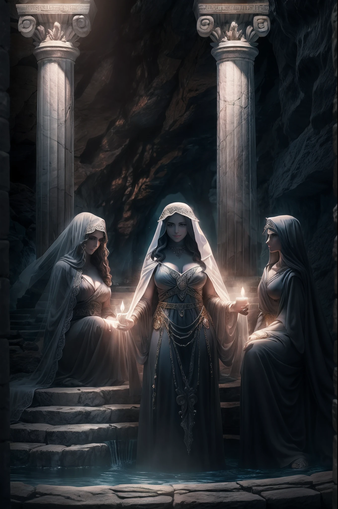 three greek goddess of fate, pale skinned, in dark robe and veil, smiling eerily, dark and stony cavern, fountain of night, Greek Mythology, ominous atmosphere, ultrra-accurate description of hands, photorealistic, super detail, masterpiece, best quality, highres, 8k