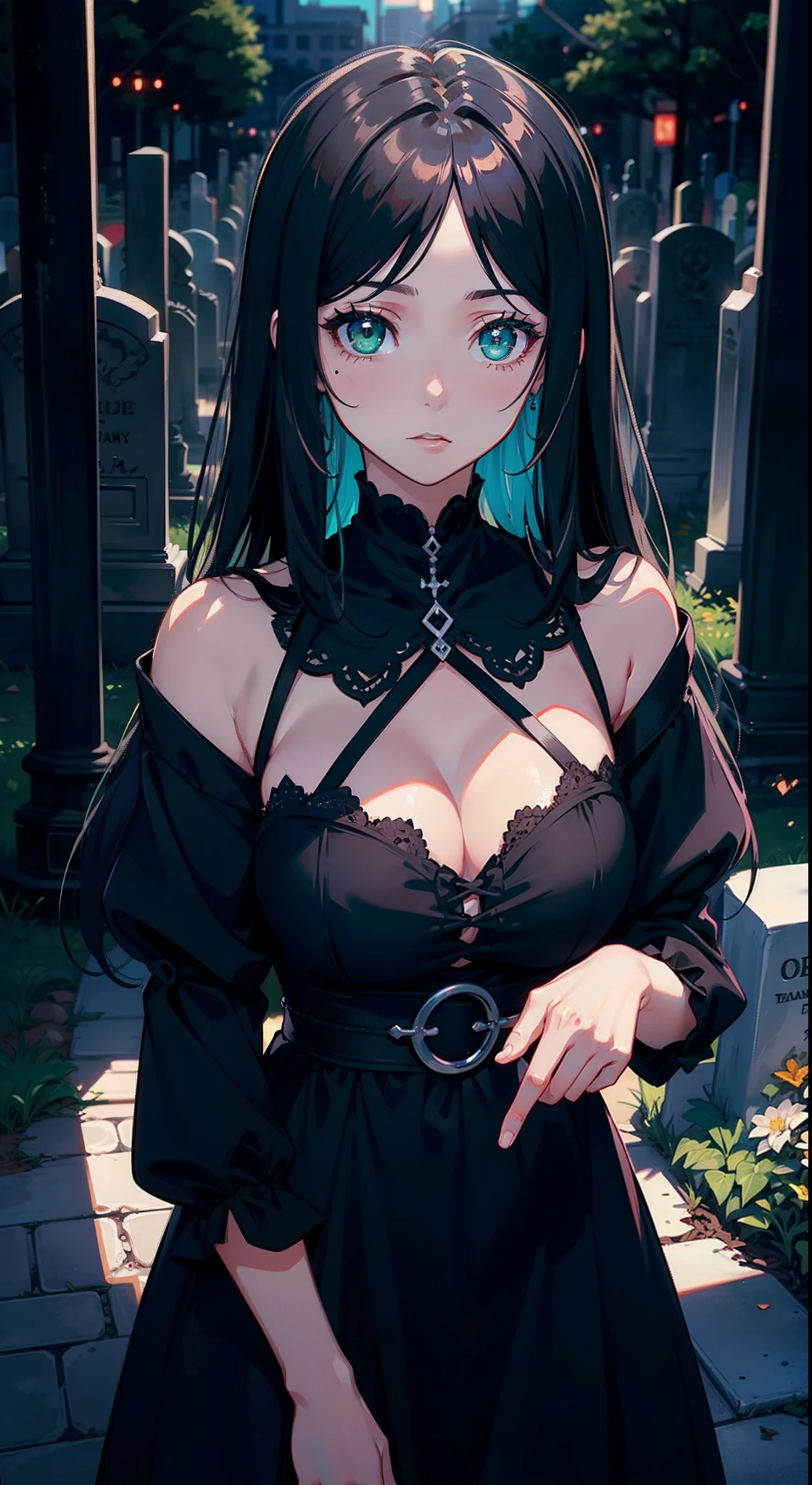 Long black hair, Green eyes, Black dress, graveyard, Beautiful anime style girl all over, clean detailed faces, goth clothes, Glowing shadow, beautiful gradation, Depth of field, Clean image, High quality, High details, High definition, Luminous Studio graphics engine, Beautiful