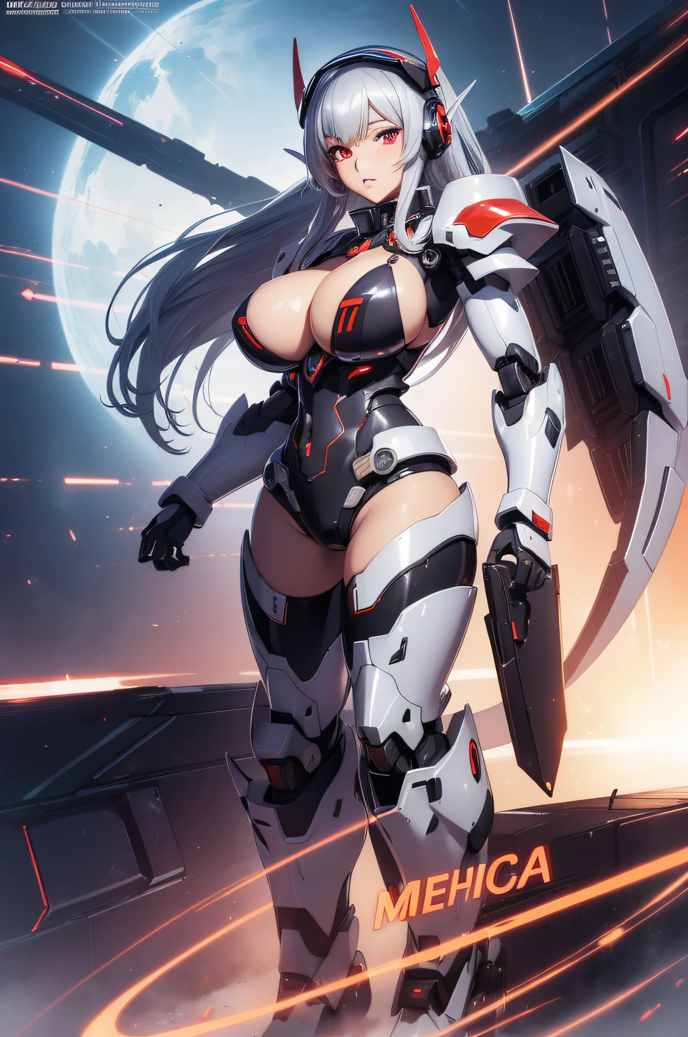 super high image, super detail, super high resolution, anime, manga, illustration,(full body image), (((beautiful dark elf))), shiny silver twintail hair, (red eyes), red alluring moist thick lips, (erotic expression), ((((Huge breasts)))), ((under boob)), ((side boob)), abs, great proportion, perfect proportion, slender, full body, (hour glass body type), ((showing cleavage)), (((mecha pilot armor))), ((Mech in background)), professional lighting,