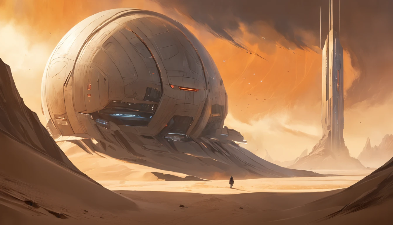Dune concept art,Clean and neat tones,Sci-fi base scene,Huge scene,Square-shaped complex,Soviet aesthetic architecture,huge buildings,There are many ships in the air,Size contrast,crowd of,Soldiers versus soldiers,Big scenes of war,smog,epic concept art,Fine 8K,vray,Wasteland Science Fiction