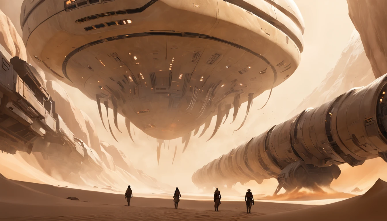 Dune concept art,Clean and neat tones,Sci-fi base scene,Huge scene,Square-shaped complex,Soviet aesthetic architecture,huge buildings,There are many ships in the air,Size contrast,crowd of,Soldiers versus soldiers,Big scenes of war,smog,epic concept art,Fine 8K,vray,Wasteland Science Fiction