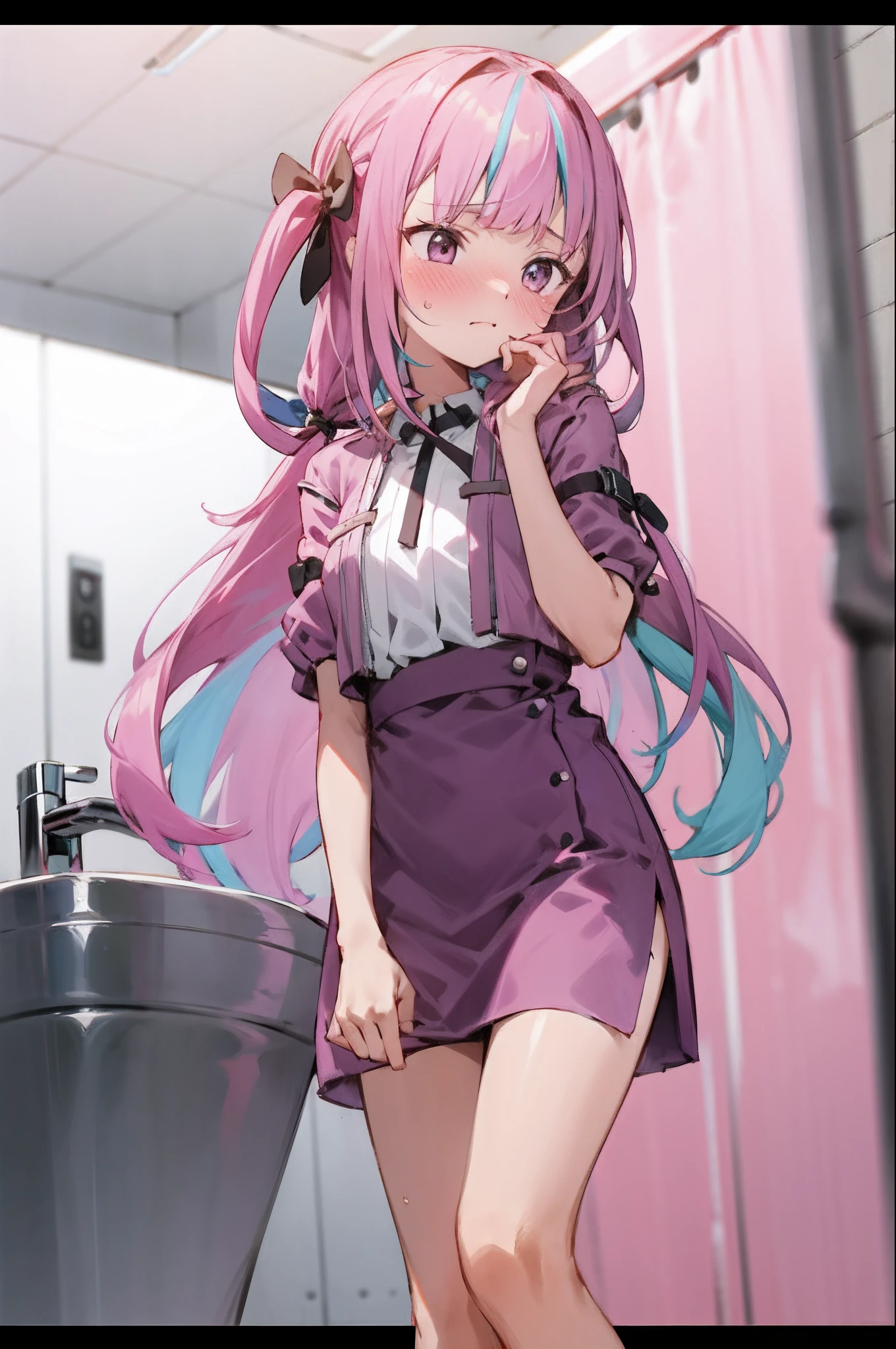 1girl with long hair and dress, 1 girl is taking to lavatory, looking away, standing, embarrassed, blush, Keep one's mouth shut, street (girl is peeing self:0.4)