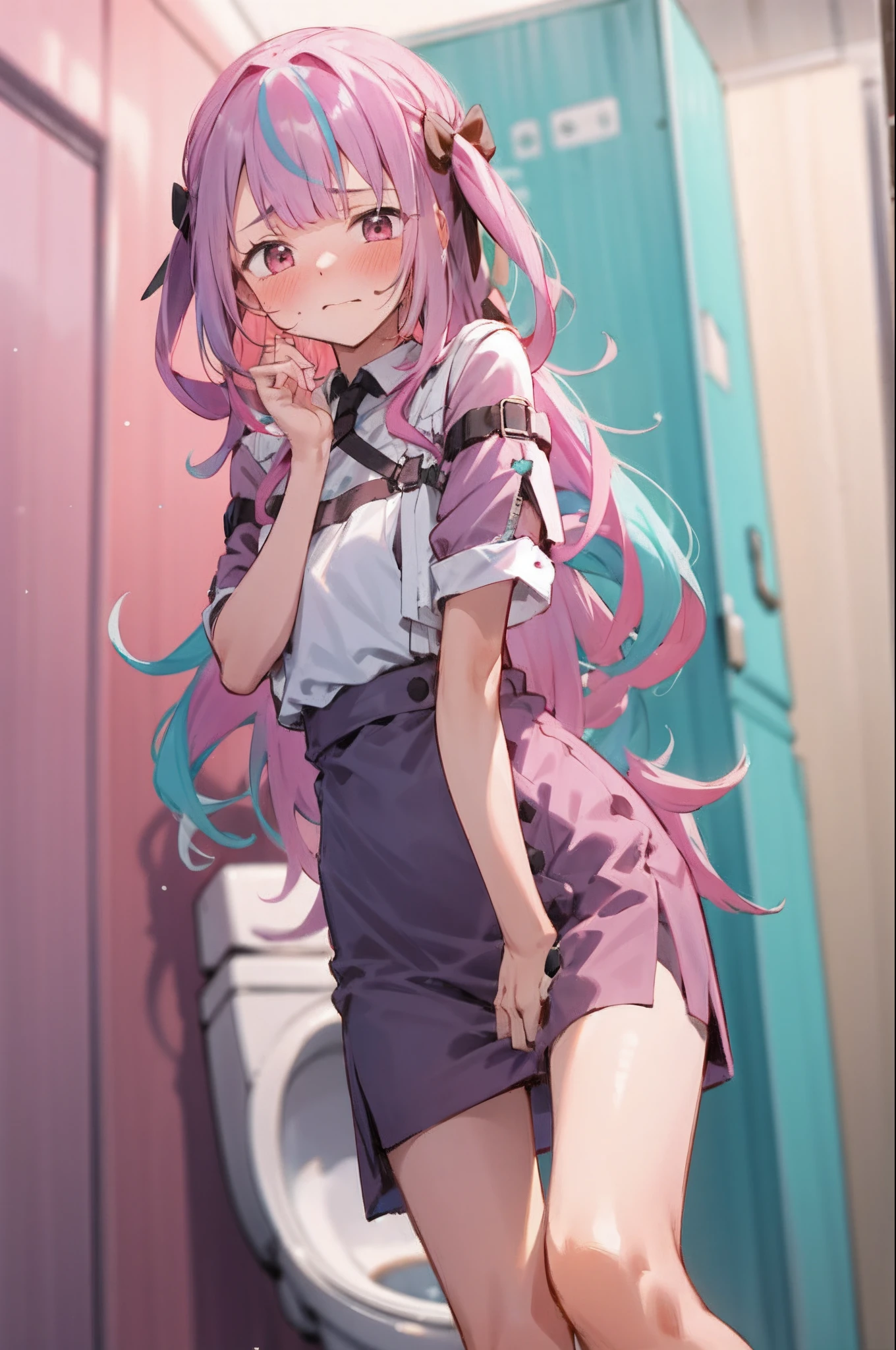 1girl with long hair and dress, 1 girl is taking to lavatory, looking away, standing, embarrassed, blush, Keep one's mouth shut, street (girl is peeing self:0.4)