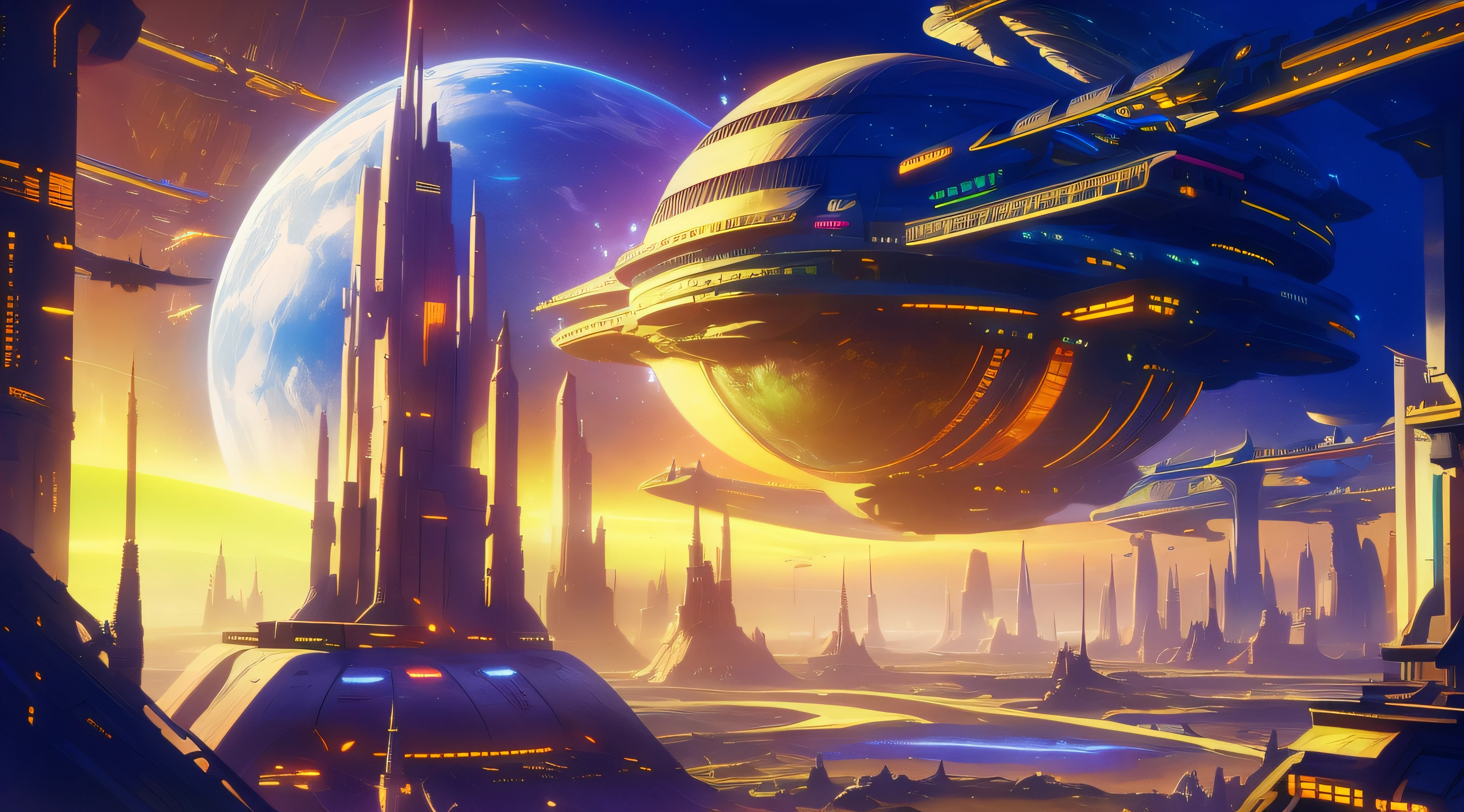 spaceship flying over a futuristic city with a planet in the background, sci-fi fantasy wallpaper, in fantasy sci - fi city, sci fi artwork, planetary city, sci fi art, sci-fi fantasy art, sci-fi fantasy desktop wallpaper, epic fantasy sci fi illustration, science fiction art ], beautiful sci fi art, sci fi digital painting, sci-fi digital painting