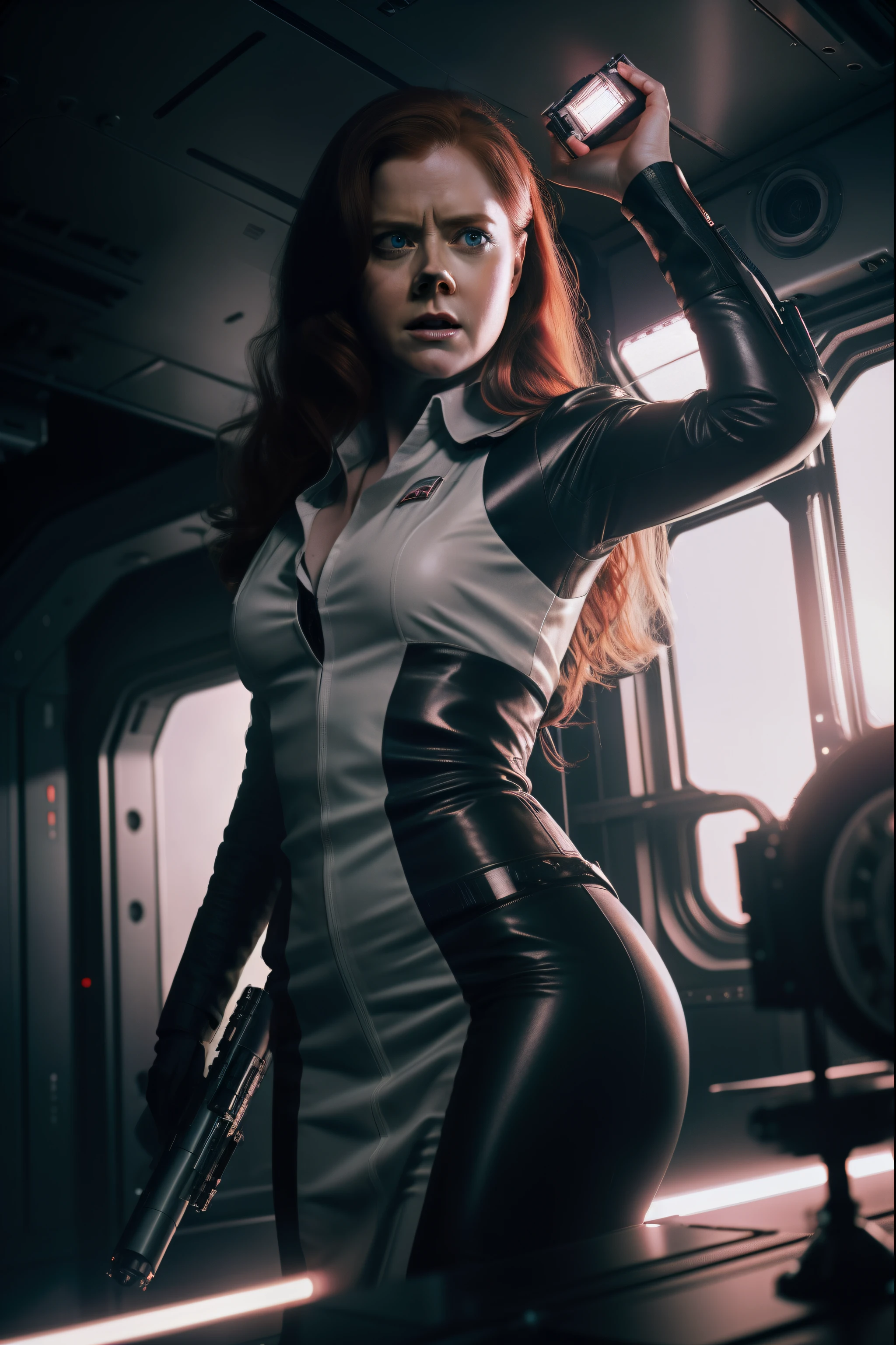 Hot terrified Amy Adams as a Scientist holding a sci fi blaster Hiding on Ishimura Horror Space Ship photography, natural light, photorealism, cinematic rendering, ray tracing, the highest quality, the highest detail, Cinematic, Third-Person View, Blur Effect, Long Exposure, 8K, Ultra-HD, Natural Lighting, Moody Lighting, Cinematic Lighting