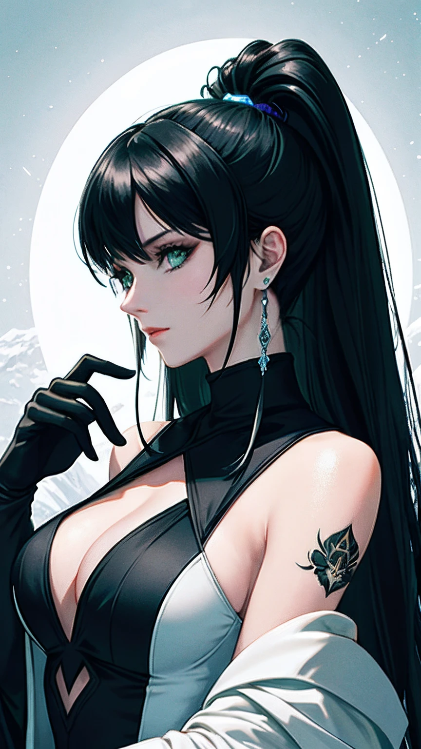 Beautiful and gorgeous rabbits and humanoids in Final Fantasy style, clean detailed faces, complex clothing, analogous colors, Glowing shadow, beautiful gradation, Depth of field, Clean image, High quality, High detail, High definition, Luminous Studio graphics engine. .....The queen has a sleek and mysterious appearance, Midnight black fur and harsh emerald green eyes. She has a stylized crescent moon tattoo on her right shoulder,Her aura radiates darkness, Spooky energy. She wears a flowing black cloak with a silver lining, and a tight black suit,Showing her light figure.
