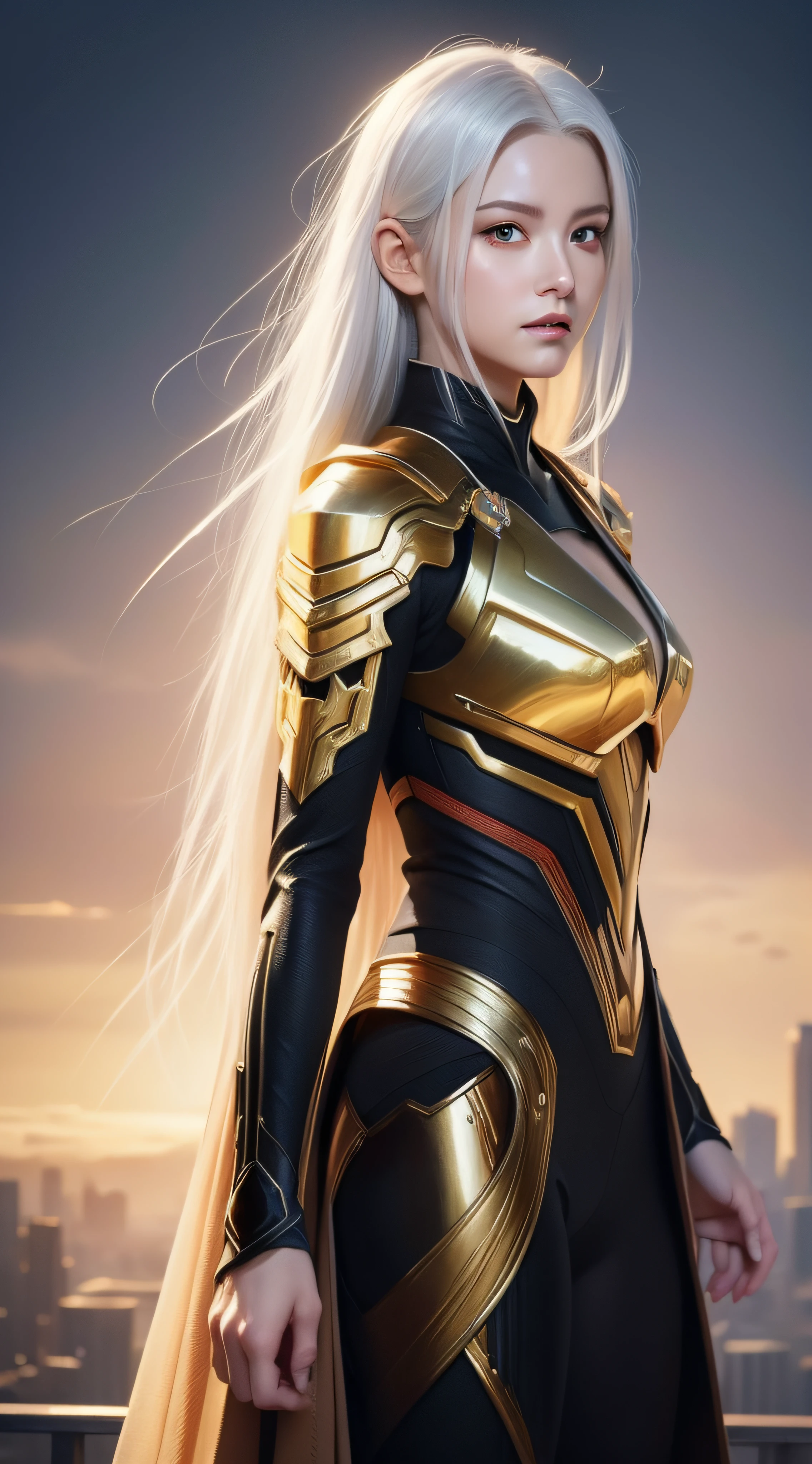 illustration by wlop, oil painting, heaven background, 1girl, fighting_stance, white hair, golden eyes, long hair, halo, angel wings, serene expression, looking at viewer, pixiv, masterpiece, best quality, extremely detailed, 8k