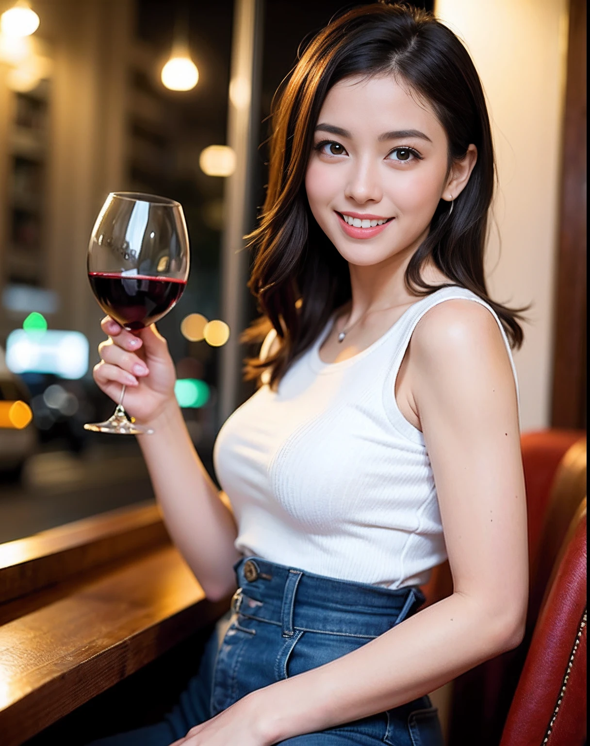 (64K, UHD, top quality, masterpiece: 1.2), (realistic, photorealistic: 1.37), super detailed, pretty woman 1 person, (slim face), (slim body), (brown hair), (short cut), cheeks slightly blushing, (44 years old), 38 years old, solo, beautiful detailed urban night view outside the window, restaurant, wine glasses sit, at night, in a prominent placeNovaFrogStyle, Actress, Model, Waist Up, White Wine, Slim, Wine Glass, Super Clean Night View, Wine Glass Put in the Middle, Happy Smile, (Smile: 1.15), Beautiful Fine Eyes, Upper Body, Bust Japan Up, Night, Short, Short, Actress, Model, Waist Up, White Wine, Slim, Wine Glass, Super Clean Night View, Wine Glass Put in the Middle, Happy Smile,
