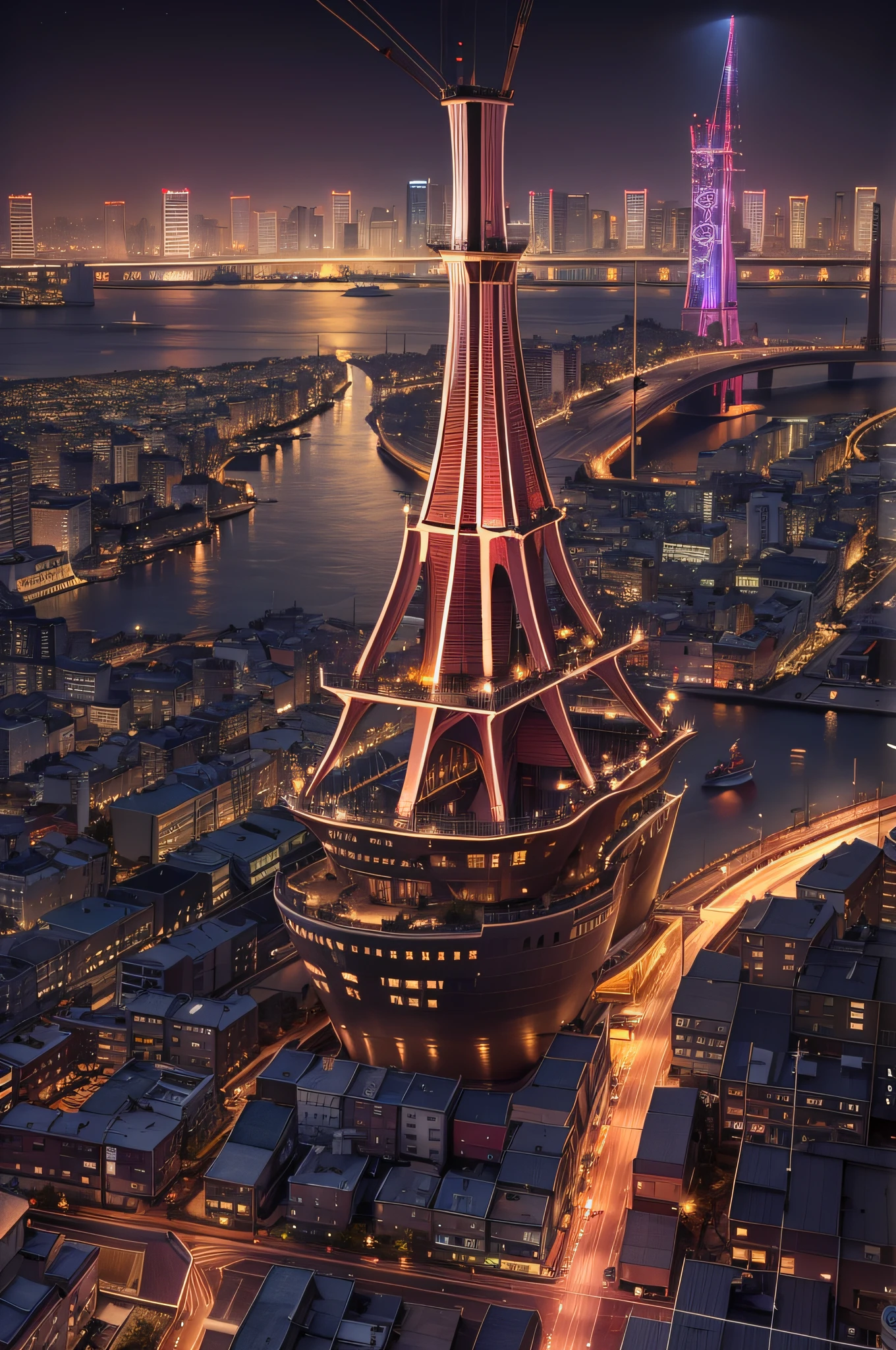 near future,The devastated city of Kobe,Maritime city at night,The port town,das boot,Tilted Port Tower,During the war,perfect-composition,the golden ratio,8K,