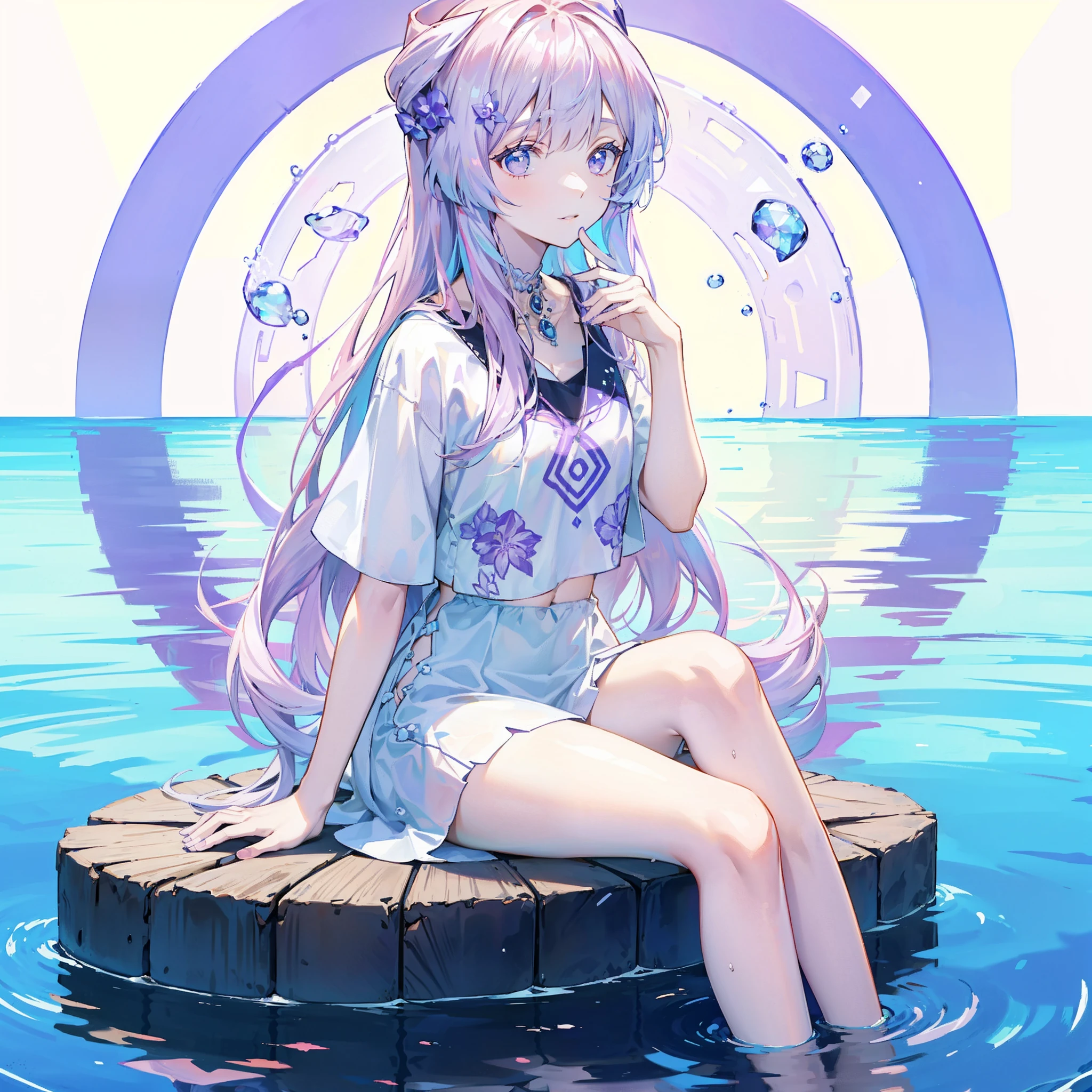 purple flower pattern white background, sitting in the middle, casual outfit, inside in the circle in the middle, long hair, water reflection,