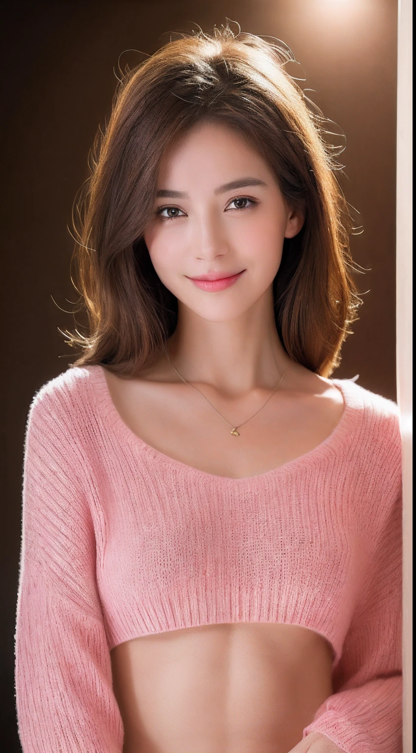((Night, Realistic Light, Best Quality, 8K, Masterpiece: 1.3)), 1girl, Slim Beauty: 1.4, Abs: 1.1, (Brown hair, Medium breasts: 1.3), Long pink sweater: 1.1, Bathroom, Super fine face, Delicate eyes, Double eyelids, smile, necklace