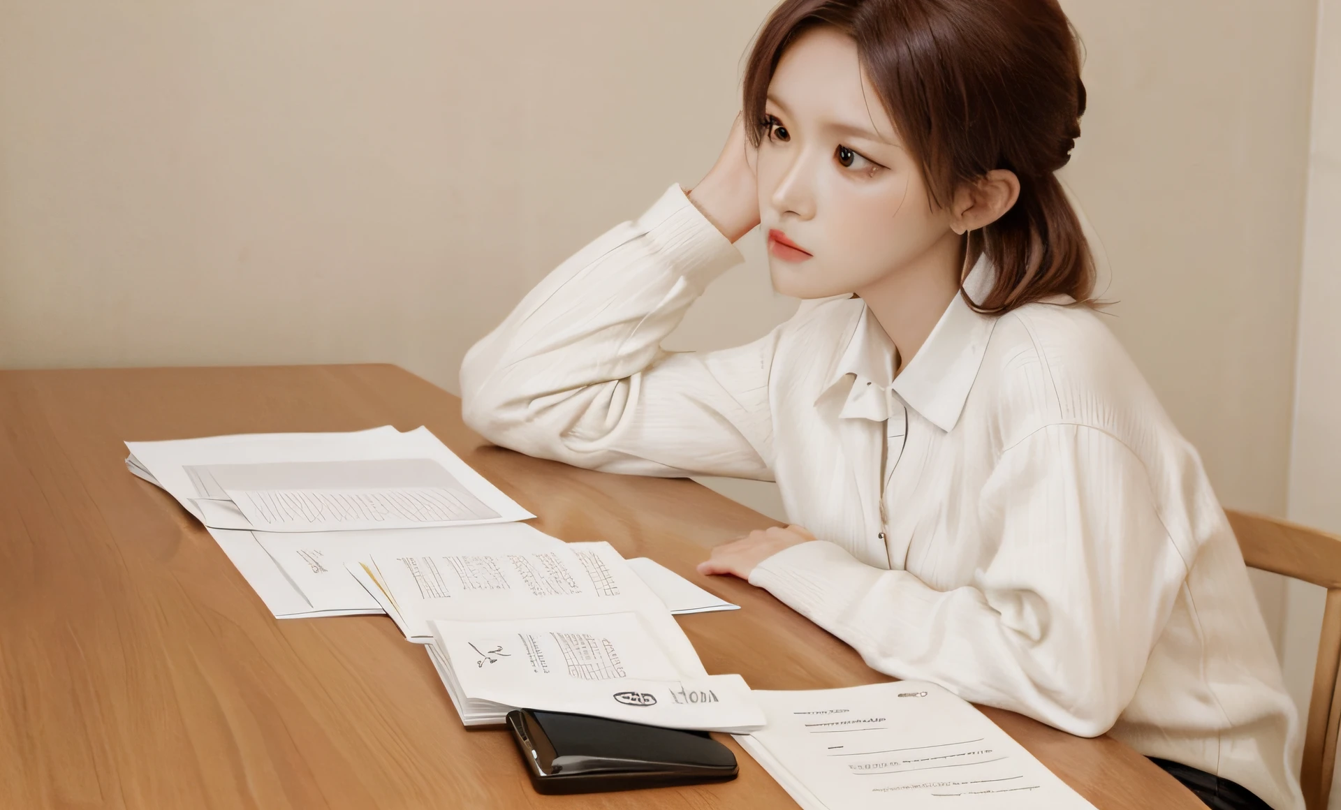 There was a woman sitting at the table，Keep calculators and documents，decor, promo shot, struggling, woman very tired, Photo portrait, worried, promotional still,