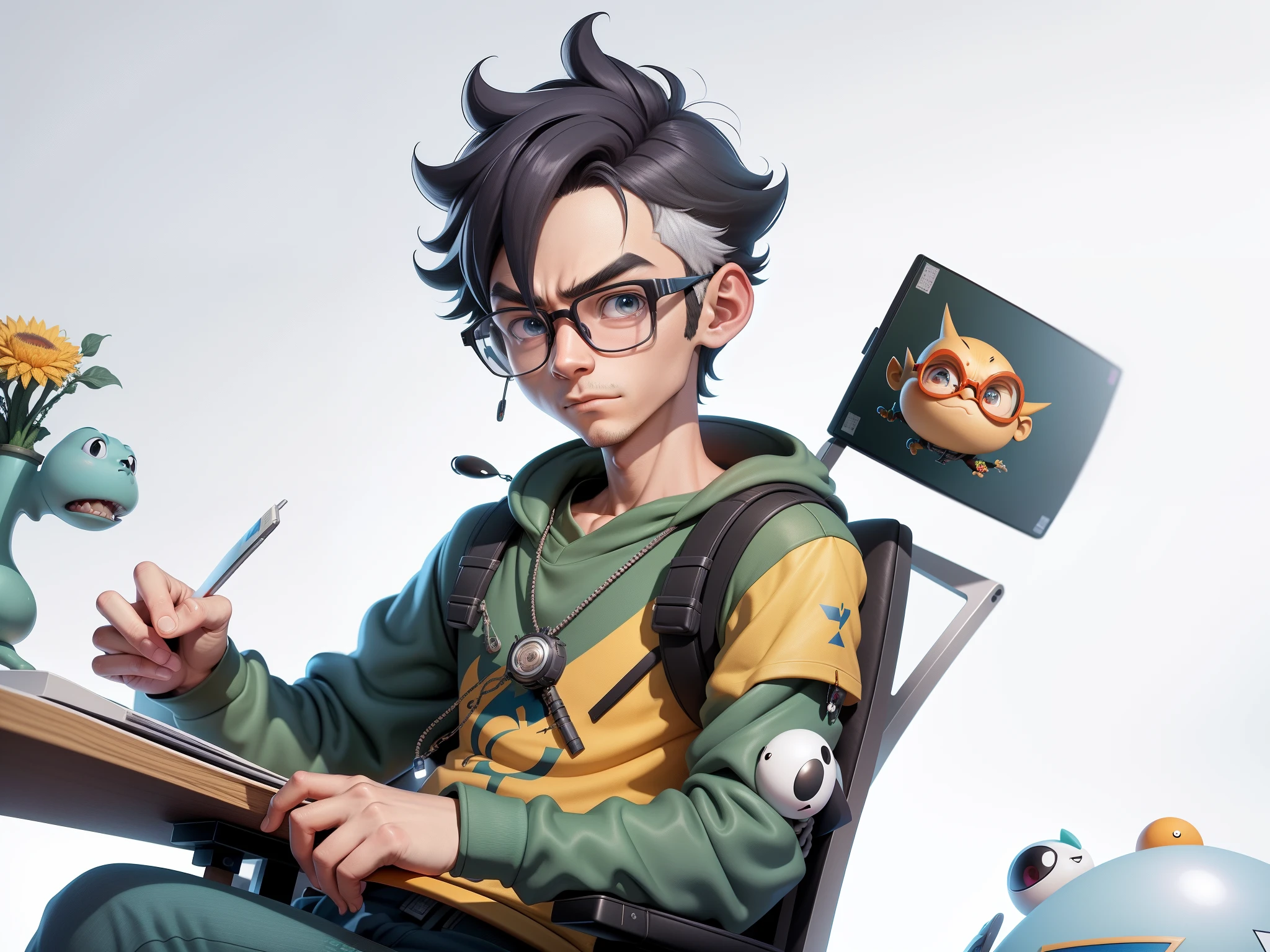 A young man with glasses sits at his desk,holding laptop,digitial painting,3D character design by Mark Clairen and Pixar and Hayao Miyazaki and Akira Toriyama,4K HD illustration,Very detailed facial features and cartoon-style visuals。