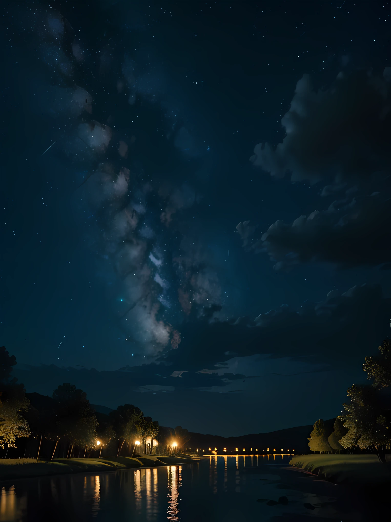 "River theme, starry night, 1 girl enjoying the tranquil beauty beneath a celestial canopy."