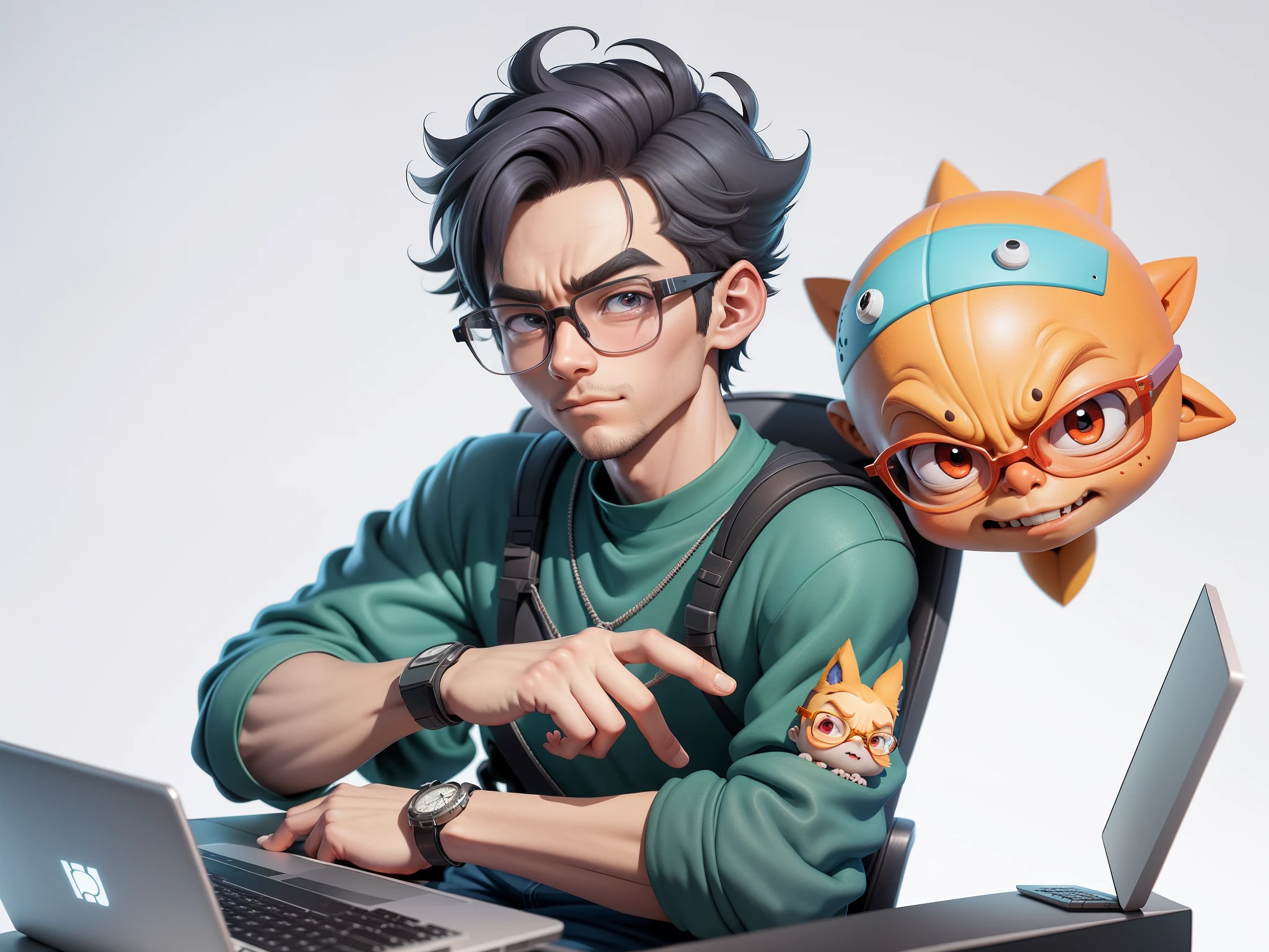 A young man with glasses sits at his desk，holding laptop，digitial painting，3D character design by Mark Clairen and Pixar and Hayao Miyazaki and Akira Toriyama，4K HD illustration，Very detailed facial features and cartoon-style visuals。