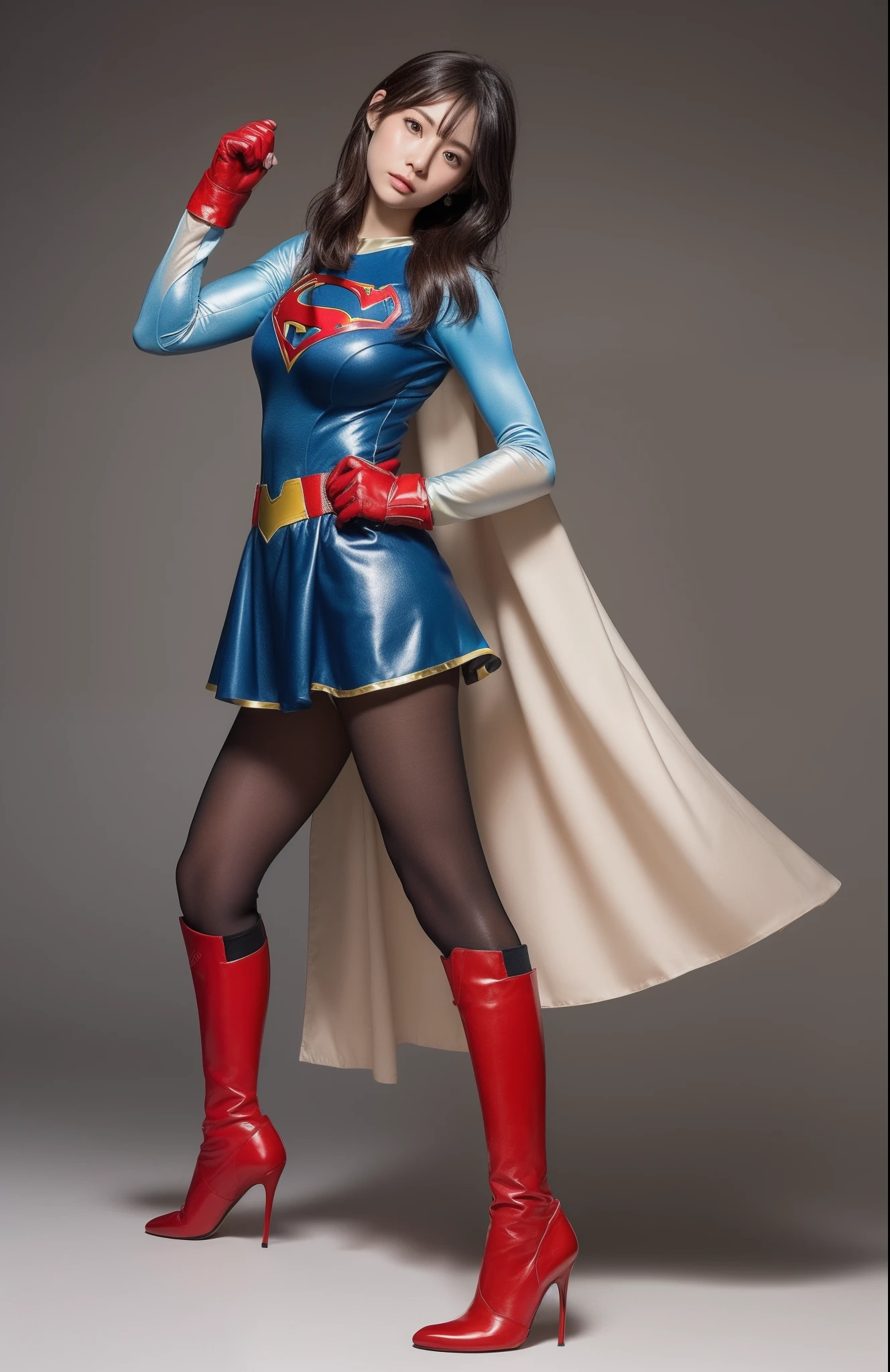 (((Make the most of the original image)))、(((Supergirl Costume)))、(((lustrous dark hair)))、(((Suffering)))、(((Feet must necessarily be worn with black tights)))、(((You need to wear red boots)))、((Top image quality、8K))、((top-quality、8K、​masterpiece:1.3))、Crisp focus:1.2、Beautiful woman with perfect body shape:1.4、Slender Abs:1.2、((layers-Cut、large boob:1.2))、a wet body:1.5、Highly detailed facial and skin texture、