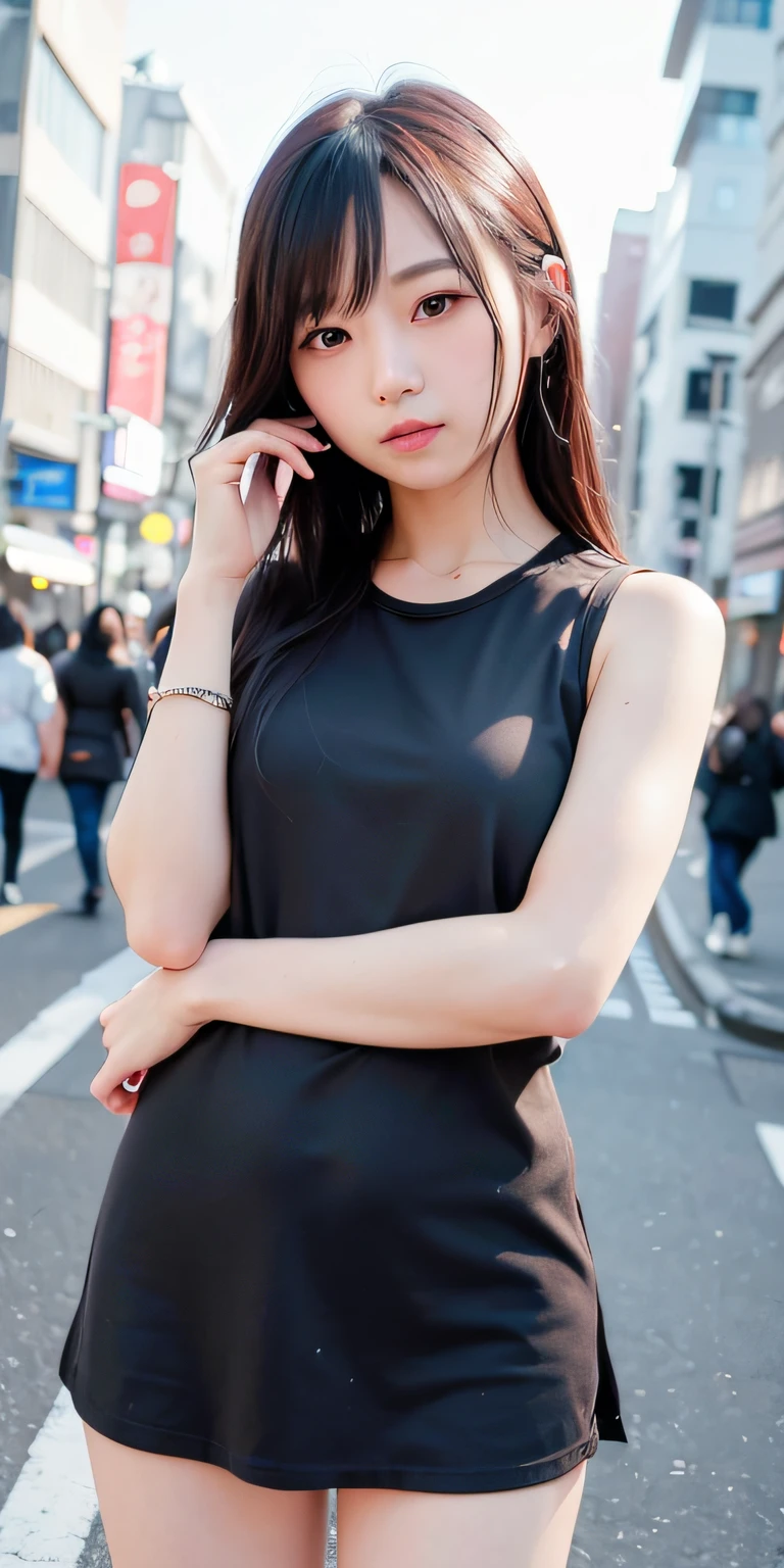 1人、Tokyo Street、natta、A city scape、Underexposed eyes、city light、The upper part of the body、a closeup、a smile、、(8k、RAW Photography、top-quality、masterpiece:1.2)、(realisitic、photoRealstic:1.37)、