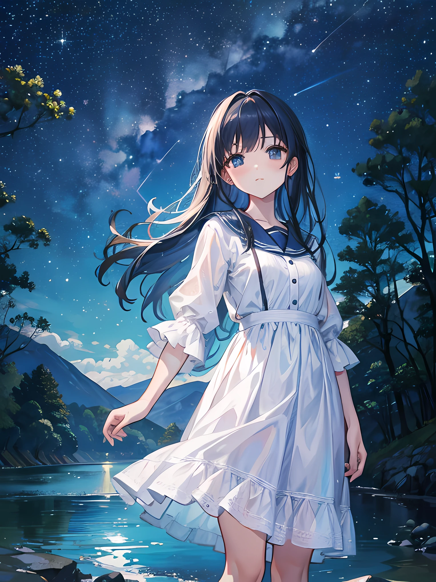 "River theme, starry night, 1 girl enjoying the tranquil beauty beneath a celestial canopy."