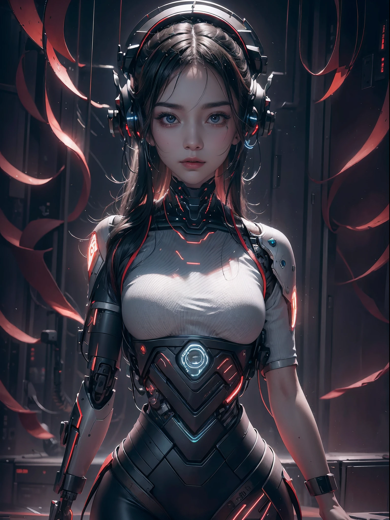 "A mesmerizing and ethereal depiction of a cyborg immersed in a dynamic whirlwind of digital data."