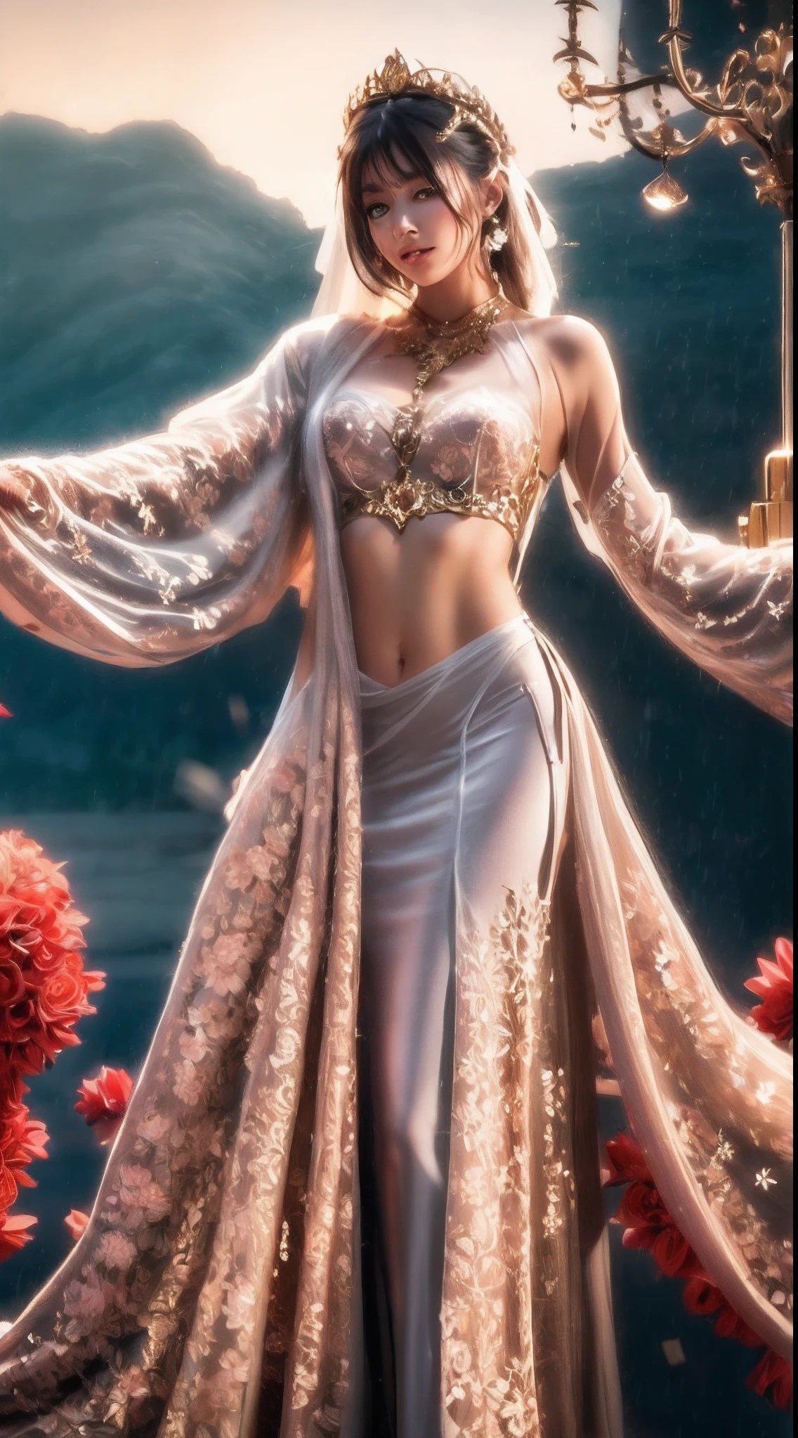 (Blonde 1。3 Lots of hair1。3 Delicate hair 1。2),(Big red eyes+gold-wire glasses:1.2+Intellectual beauty:1.1),"Crystal face lines sparkle on the forehead",femele,delicate depiction of skin,The gold-tone metal dragon headdress pattern is clear,Red apple in hand,Bronzed complexion, red flower patterned, It is clearly depicted。