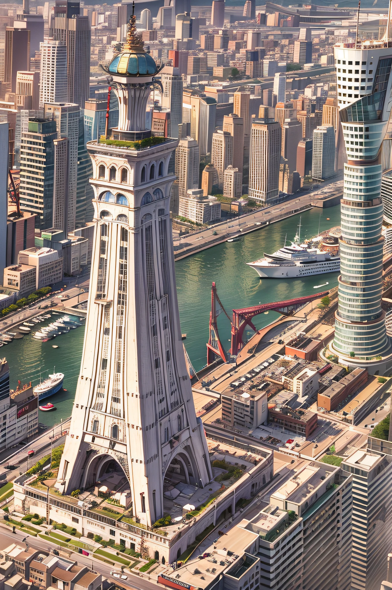 near future,The devastated city of Kobe,natta,Maritime Metropolis,The port town,das boot,Tilted Port Tower,perfect-composition,the golden ratio,8K,