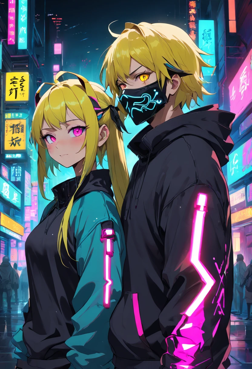 girl boy paar in einem Kapuzenpullover mit einer Neon-ninja-maske, Geister-Neon, Neon und dunkel,blondes haar, Profilbild 1024px, Hintergrundgrafik, Dunkler Kunststil, Neon-Cyberpunk, Evil smile and shining eyes, Synthwave-Kunst, Neon Noir, Cyberpunk-Kunststil, Gruseliger Stil, Helles Cyberpunk-Leuchten, Digitale Neon-Kunst, Hintergrundbild 4k, Hintergrundbild 4 K