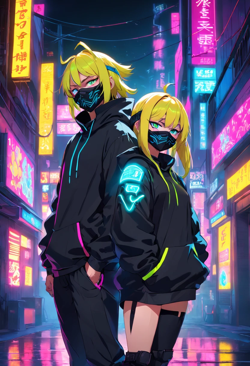 girl boy paar in einem Kapuzenpullover mit einer Neon-ninja-maske, Geister-Neon, Neon und dunkel,blondes haar, Profilbild 1024px, Hintergrundgrafik, Dunkler Kunststil, Neon-Cyberpunk, Evil smile and shining eyes, Synthwave-Kunst, Neon Noir, Cyberpunk-Kunststil, Gruseliger Stil, Helles Cyberpunk-Leuchten, Digitale Neon-Kunst, Hintergrundbild 4k, Hintergrundbild 4 K