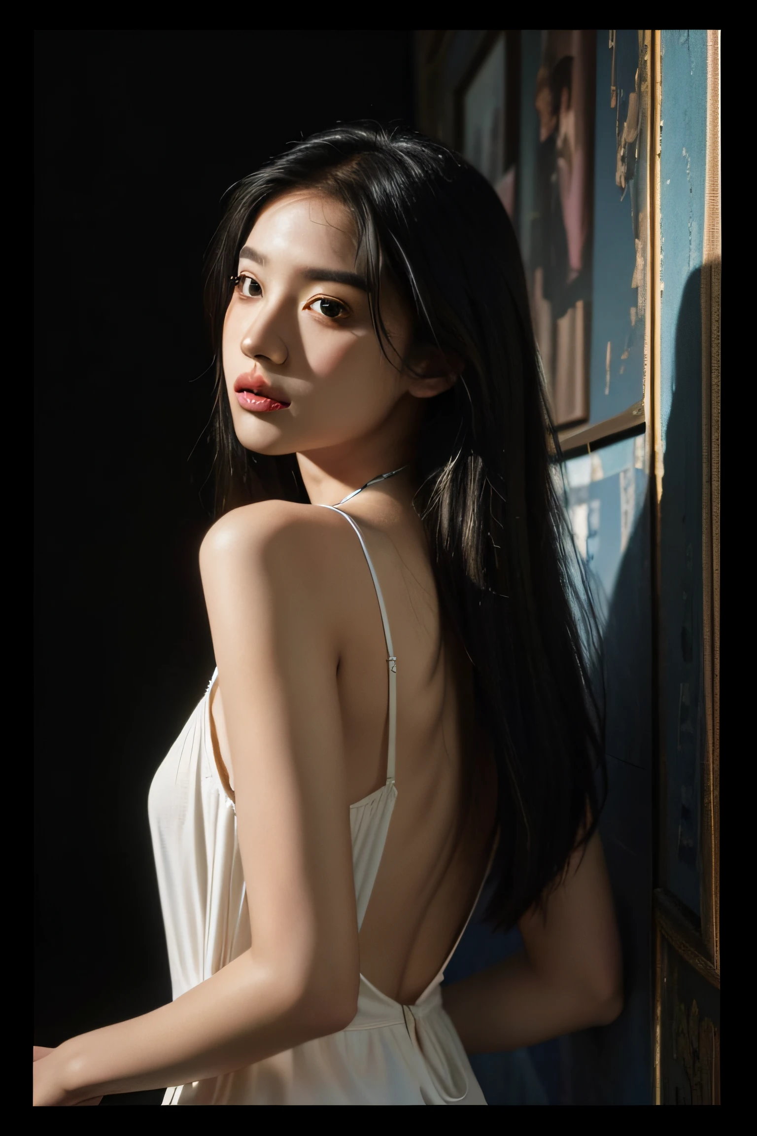 1girll,Fair skin,Glowing skin,Jet-black hair,Surrealistic Female Portraits by David Hockney and Alphonse Mucha,Fantasyart,photographrealistic,动态照明,art stations,poster for,Volumetriclighting,Very detailed faces,4 k'',Award-Awarded, , 1girll, In the dark, deepshadow, low tune, Cowboy shot,(official clothes:1.4),