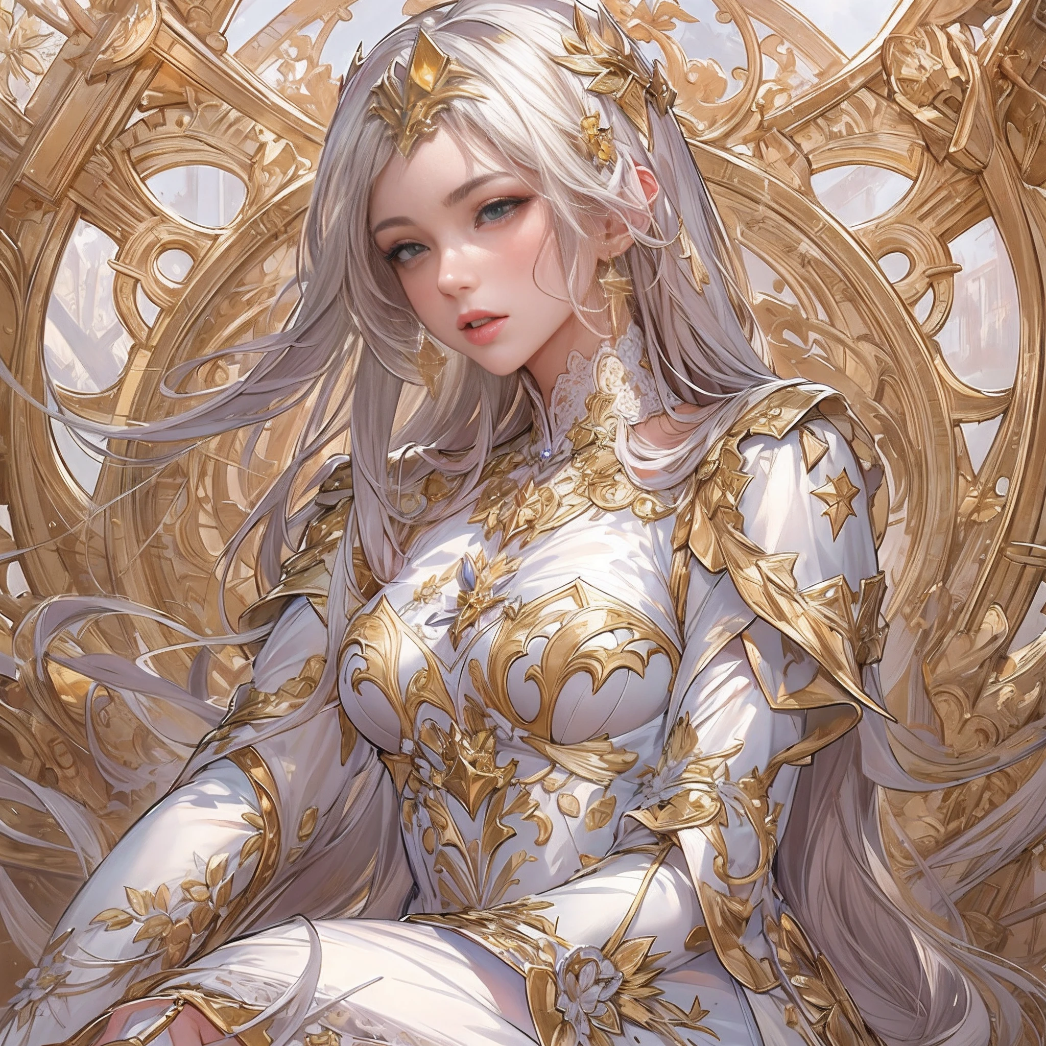 ((Masterpiece, Highest quality)), Detailed face, CharacterDesignSheet,full bodyesbian, Full of details, Multiple poses and expressions, Highly detailed, Depth, Beautiful paladin girl,Lace,lacepantyhose, High Balance, suns,Natural light,White and gold,