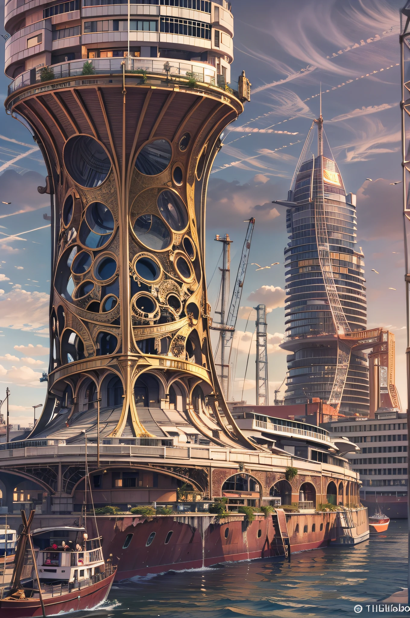 near future，The devastated city of Kobe，The port town，das boot，Tilted Port Tower，perfect-composition，the golden ratio，8K，