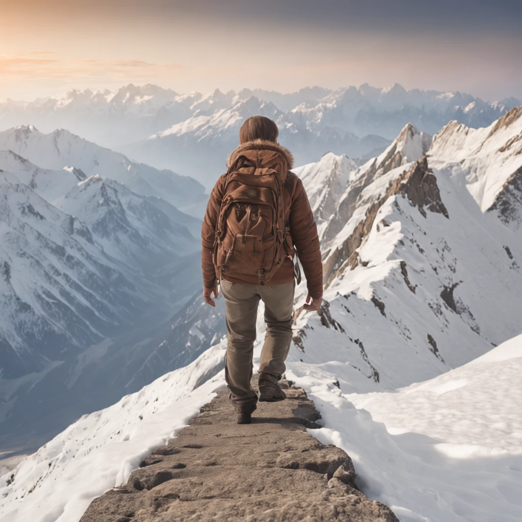 Climb the back of the snowy mountain alone，Very shocking picture，Blue sky