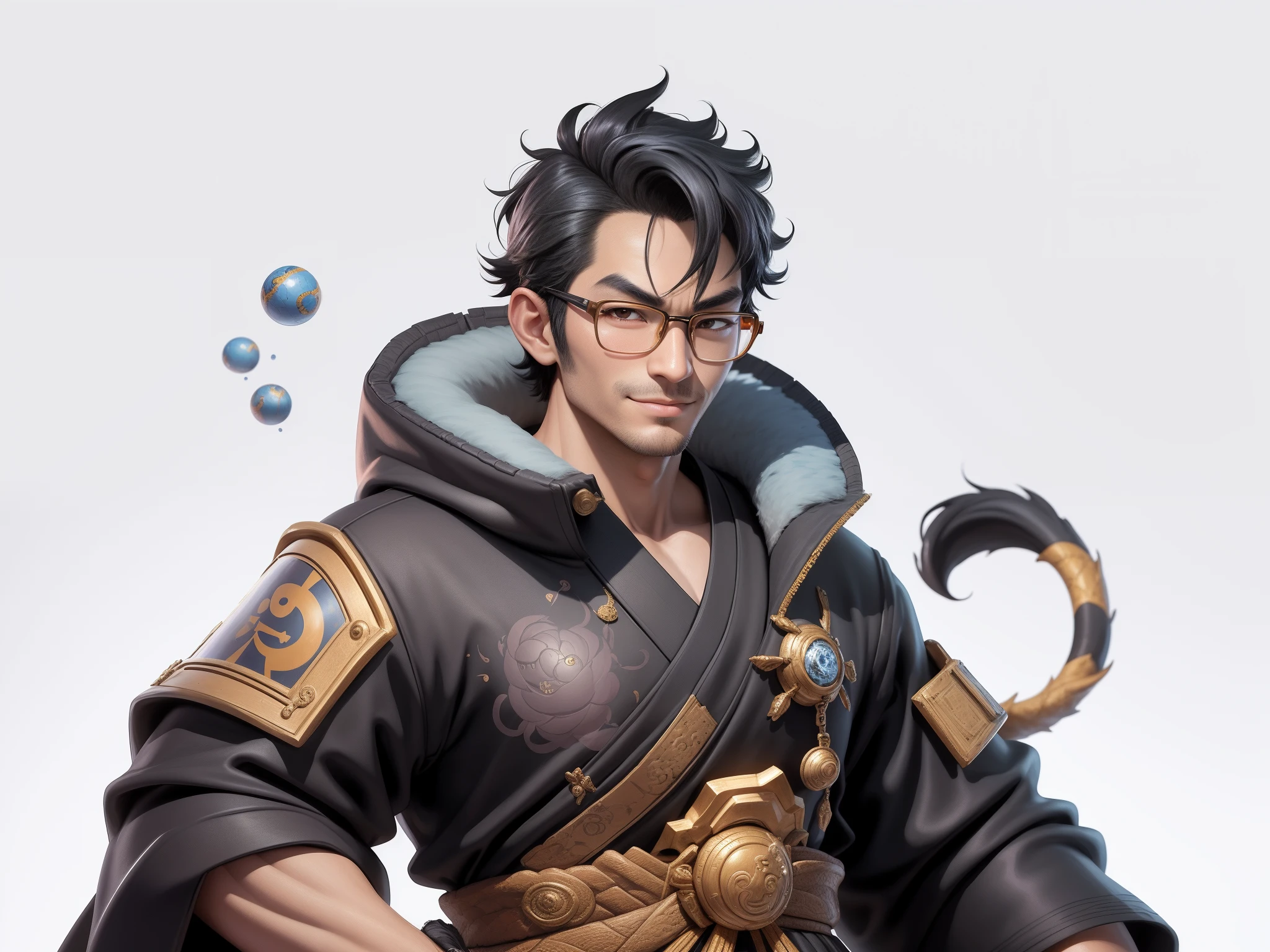 (Masterpiece), (Excellent), (Super Meticulous), (Full Body: 1.2), Super Young Man with Japanese Female Geisha, Pretty, Beautiful, Chinese Dragon, Tiger, Wind God Thor, Sexy, Bursting, Oriental Face, TV Anchor, Bust Portrait Illustration, Black Suit, Blue Tie, Slightly Chubby Face, Silver Glasses, Very Clean Face, No Beard on Chin, Black Super Short Hair, Black Eyes, Confident Smile, 3c Computer Sub-Products, iPad, iPhone, Digital Painting, 3D character design by Mark Clairedon and Pixar and Hayao Miyazaki and Akira Toriyama, the illustrations are HD illustrations in 4K resolution with highly detailed facial features and cartoon-style visuals.