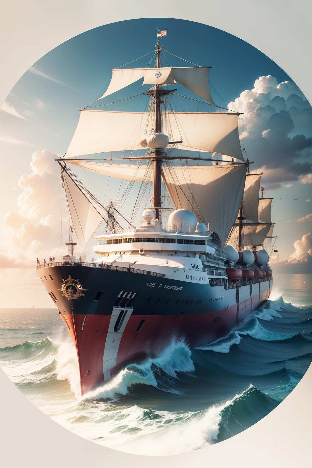 Design a circular commercial icon with a ship as the main body