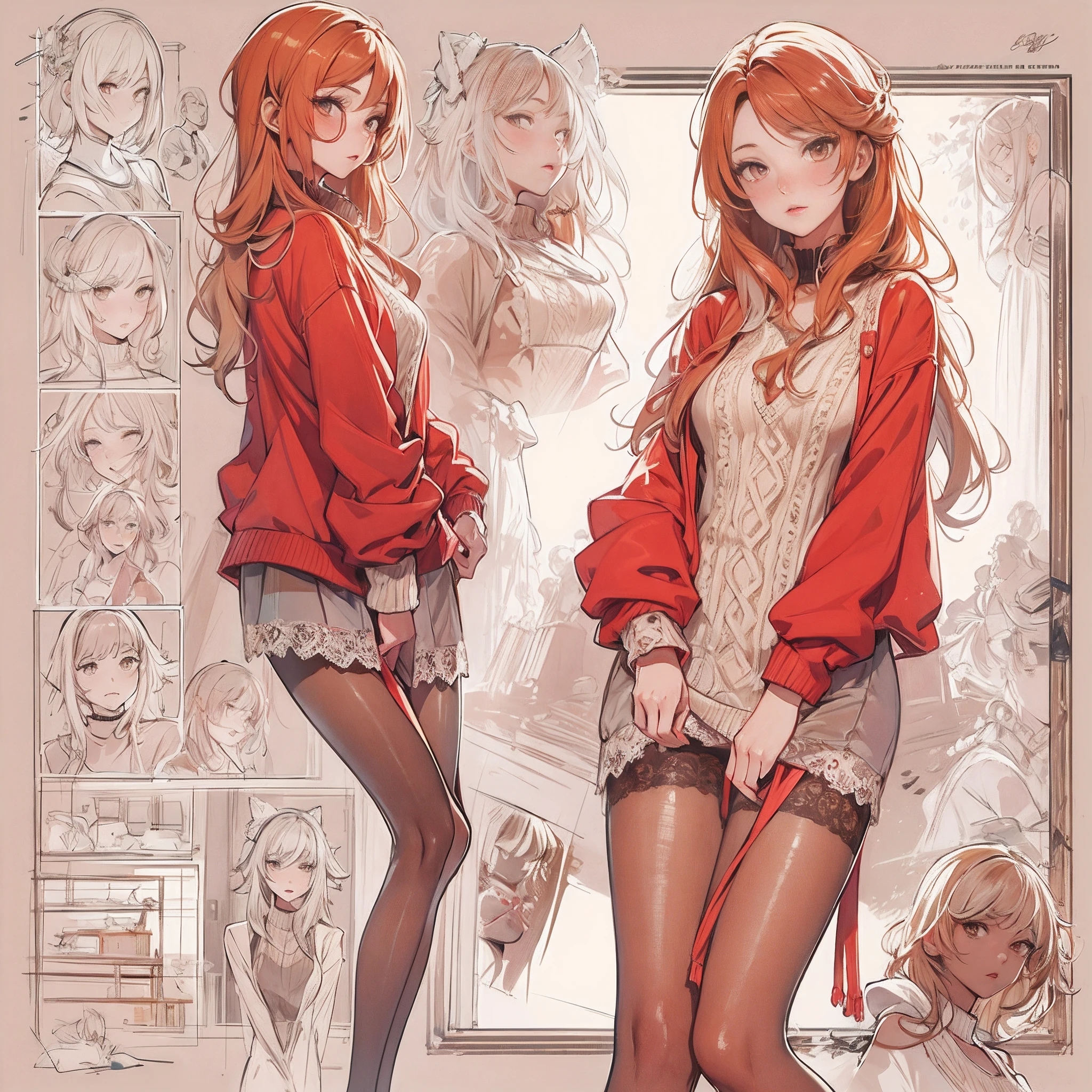 ((Masterpiece, Highest quality)), Detailed face, CharacterDesignSheet,full bodyesbian, Full of details, Multiple poses and expressions, Highly detailed, Depth, beuaty girl,Sweaters,Lace,lacepantyhose, High Balance, suns,Natural light,red colour