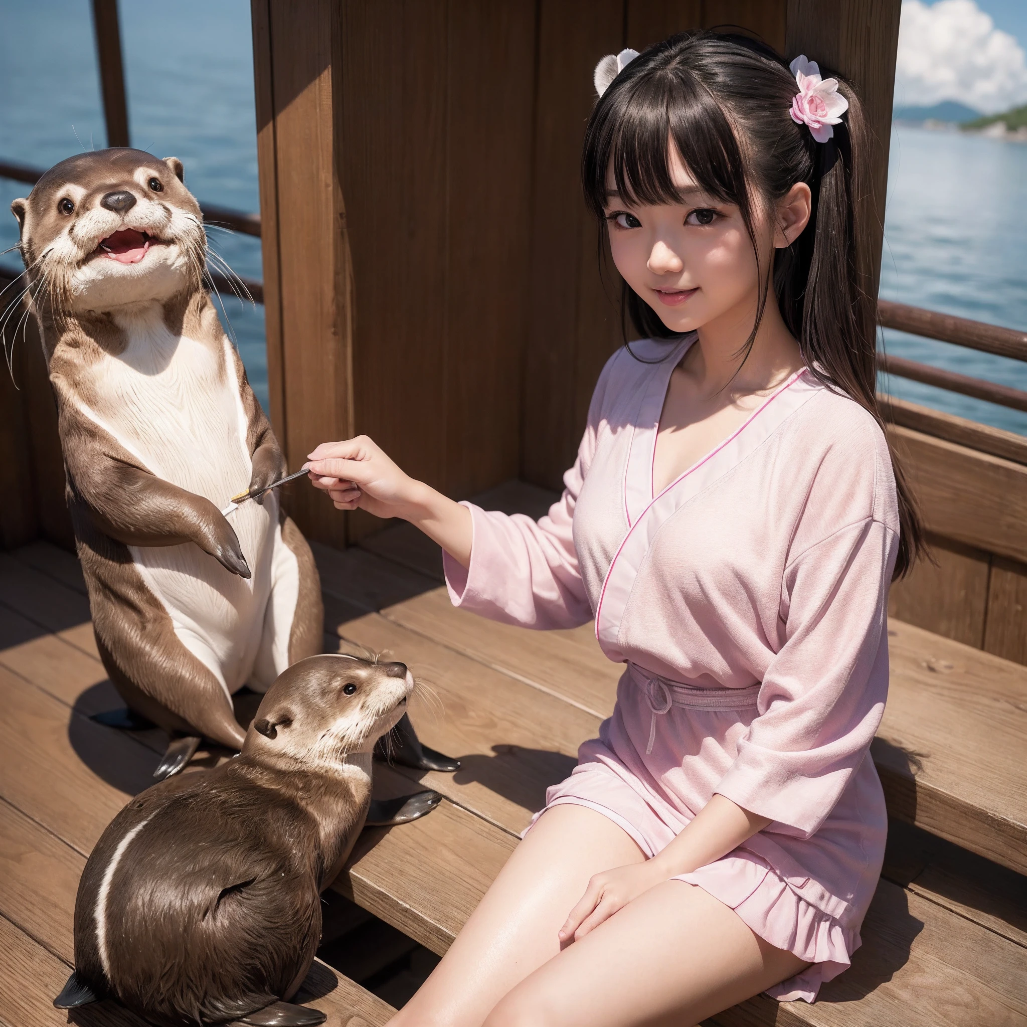 (8K、RAW Photos、top-quality、​masterpiece:1.5)、(realisitic、Photorealsitic:1.5)、ultra-detailliert、超A high resolution、lighting like a movie、(((An idol who loves otters)))、(((Japan 16 year old girls)))、(((Wearing a cute costume with an otter motif)))、(A lot of otters:1.5)、cute smile face、Happy and energetic atmosphere、dynamic ungle、动态照明