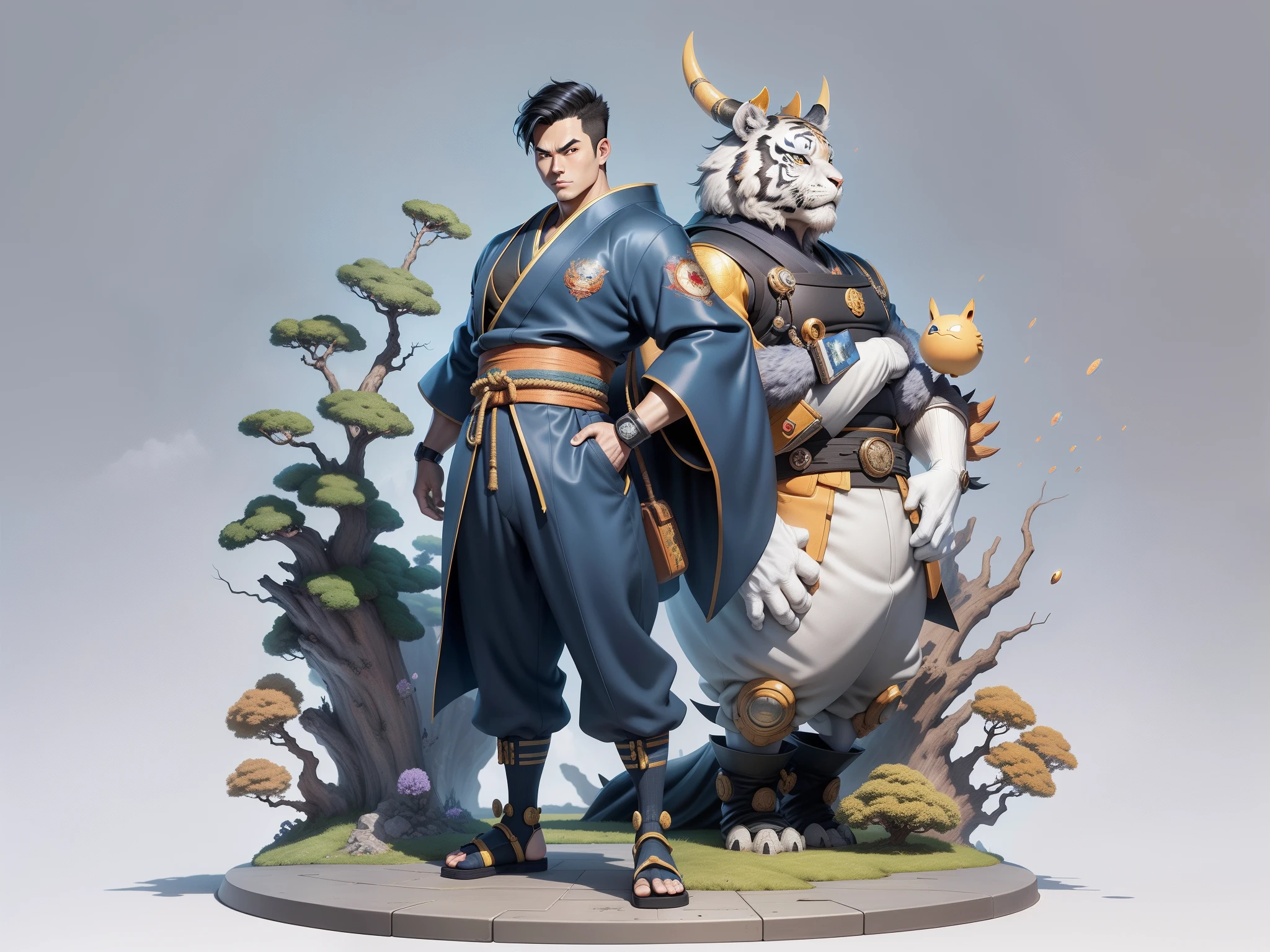 (Masterpiece), (Excellent), (Super Meticulous), (Full Body: 1.2), Super Young Man, Oriental Face, Japanese Kimono, Japanese Wind Thunder God, Dragon, Tiger, TV Anchor, Bust Portrait Illustration, Alone, Black Suit, Blue Tie, Slightly Chubby Face, Very Clean Face, No Beard, Black Super Short Hair, Black Eyes, Confident Smile, 3c Computer Sub-Products, iPad, iPhone, Digital Painting, 3D Character Design by Akira Toriyama and Mark Claireden and Pixar and Hayao Miyazaki, The illustration is a high-definition illustration in 4K resolution with very detailed facial features and cartoon-style visuals.