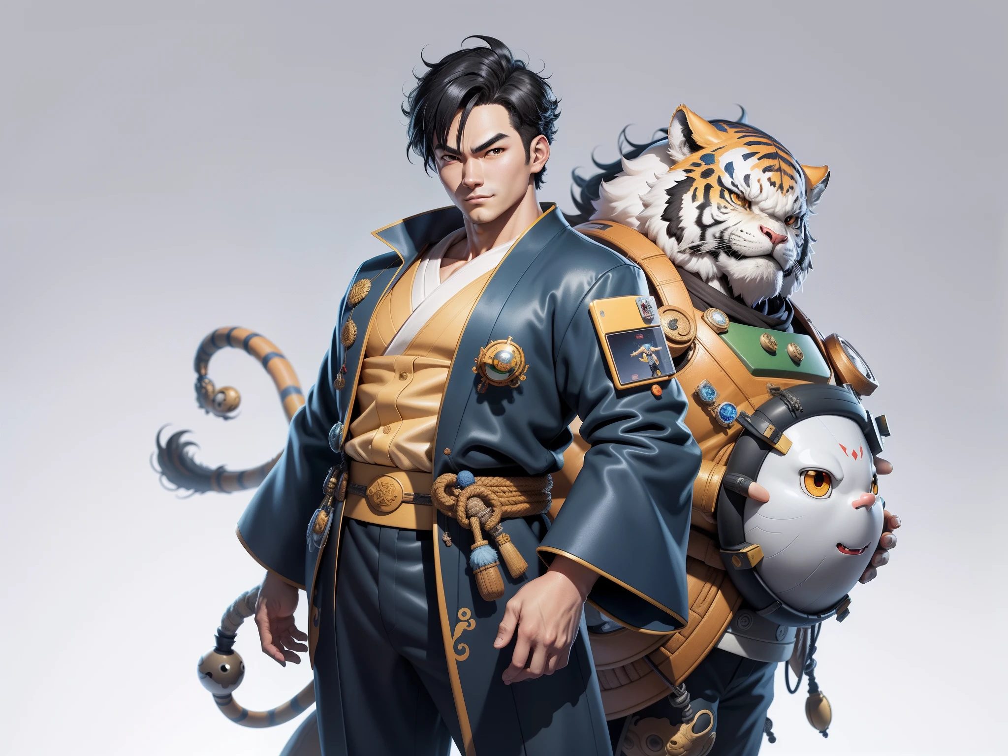 (Masterpiece), (Excellent), (Super Meticulous), (Full Body: 1.2), Super Young Man, Oriental Face, Japanese Kimono, Japanese Wind Thunder God, Dragon, Tiger, TV Anchor, Bust Portrait Illustration, Alone, Black Suit, Blue Tie, Slightly Chubby Face, Very Clean Face, No Beard, Black Super Short Hair, Black Eyes, Confident Smile, 3c Computer Sub-Products, iPad, iPhone, Digital Painting, 3D Character Design by Akira Toriyama and Mark Claireden and Pixar and Hayao Miyazaki, The illustration is a high-definition illustration in 4K resolution with very detailed facial features and cartoon-style visuals.
