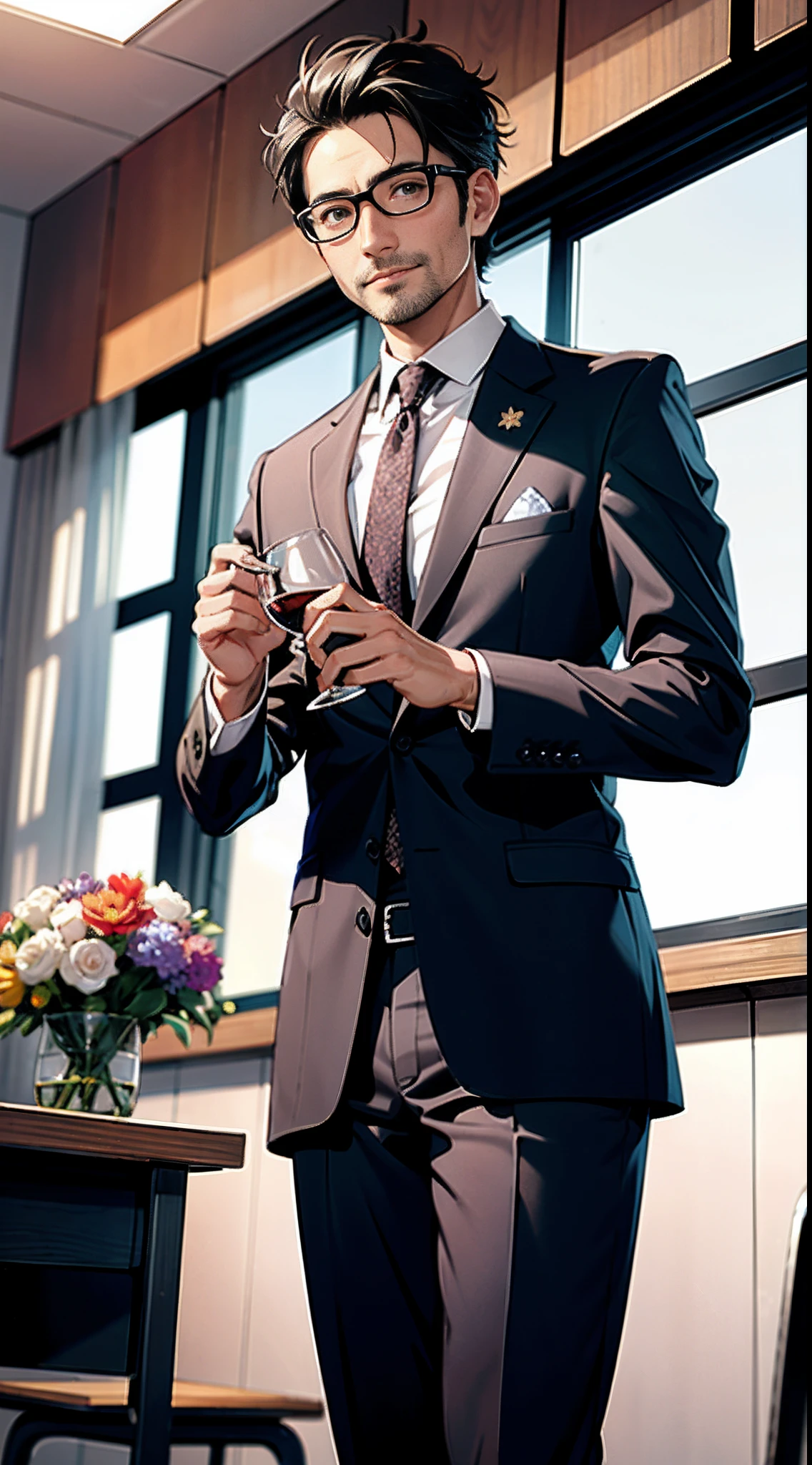 Ridiculous resolution, A high resolution, (masterpiece:1.4), ultra - detailed, 1man, 44 years old,short detailed hair,eye glass,Look from the front, School Classroom, Stand up,ssmile,Flowers and wine on the podium,