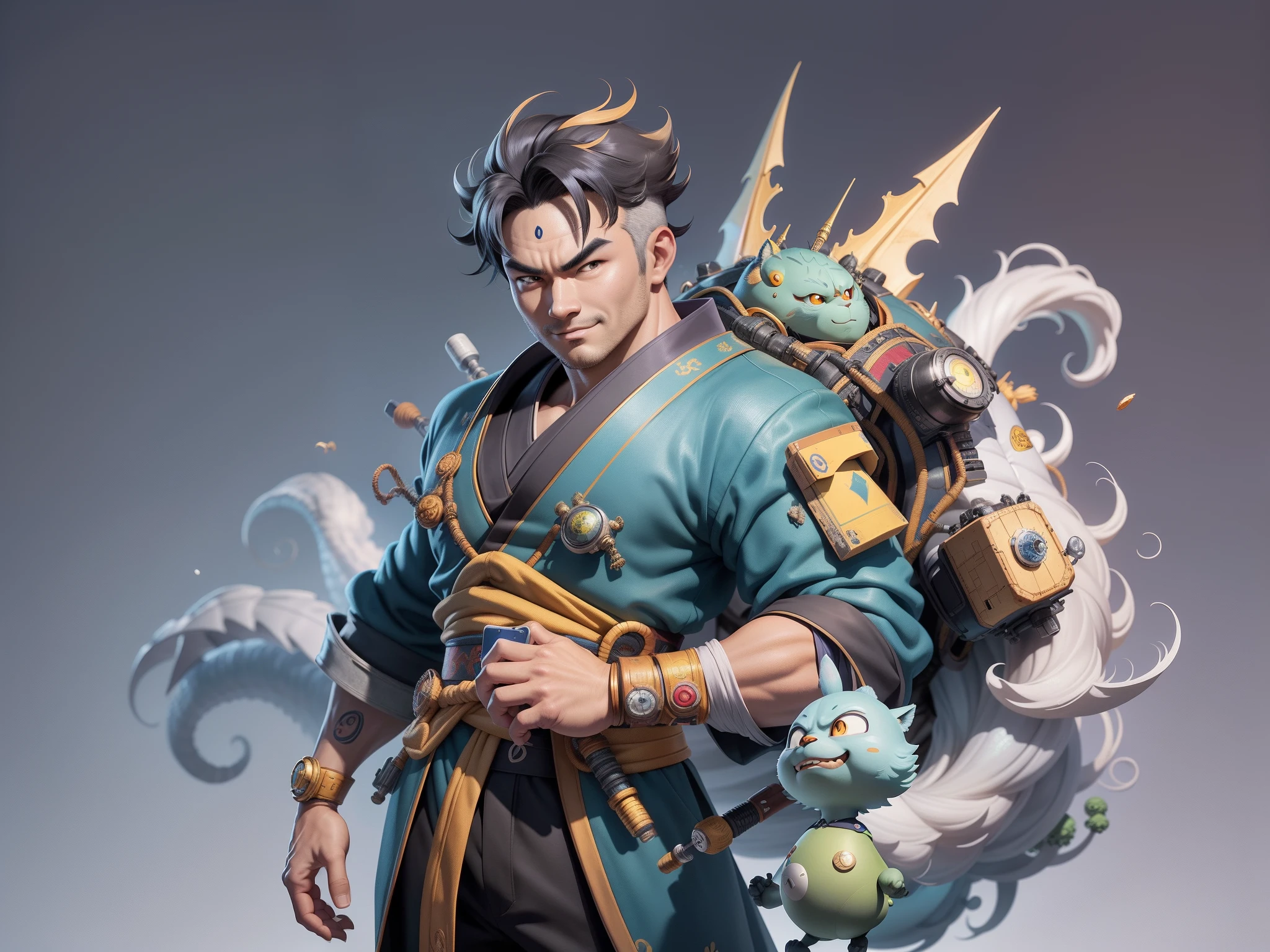 (Masterpiece), (Excellent), (Super Meticulous), (Full Body: 1.2), Super Young Man, Oriental Face, Japanese Kimono, Japanese Wind Thunder God, Dragon, Tiger, TV Anchor, Bust Portrait Illustration, Alone, Black Suit, Blue Tie, Slightly Chubby Face, Very Clean Face, No Beard, Black Super Short Hair, Black Eyes, Confident Smile, 3c Computer Sub-Products, iPad, iPhone, Digital Painting, 3D Character Design by Akira Toriyama and Mark Claireden and Pixar and Hayao Miyazaki, The illustration is a high-definition illustration in 4K resolution with very detailed facial features and cartoon-style visuals.