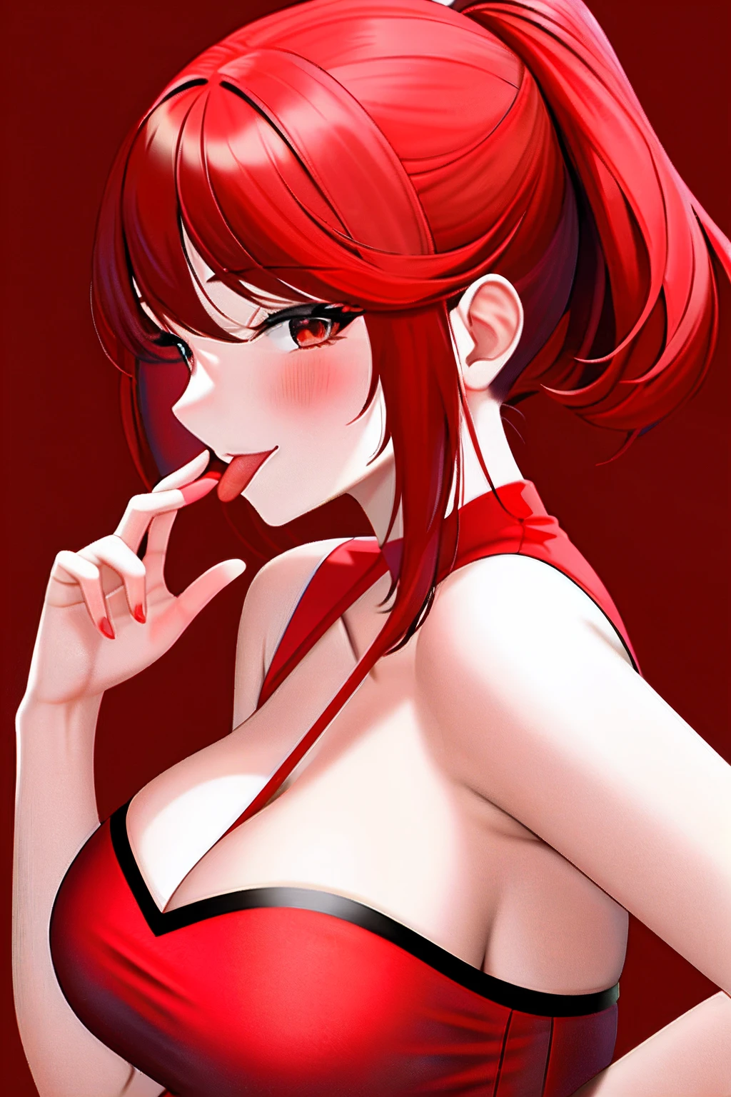 1girll，独奏，red theme，looking at viewert，Stick out your tongue，big cleavage breasts，sportrait，From the side Side，（（a matural female））