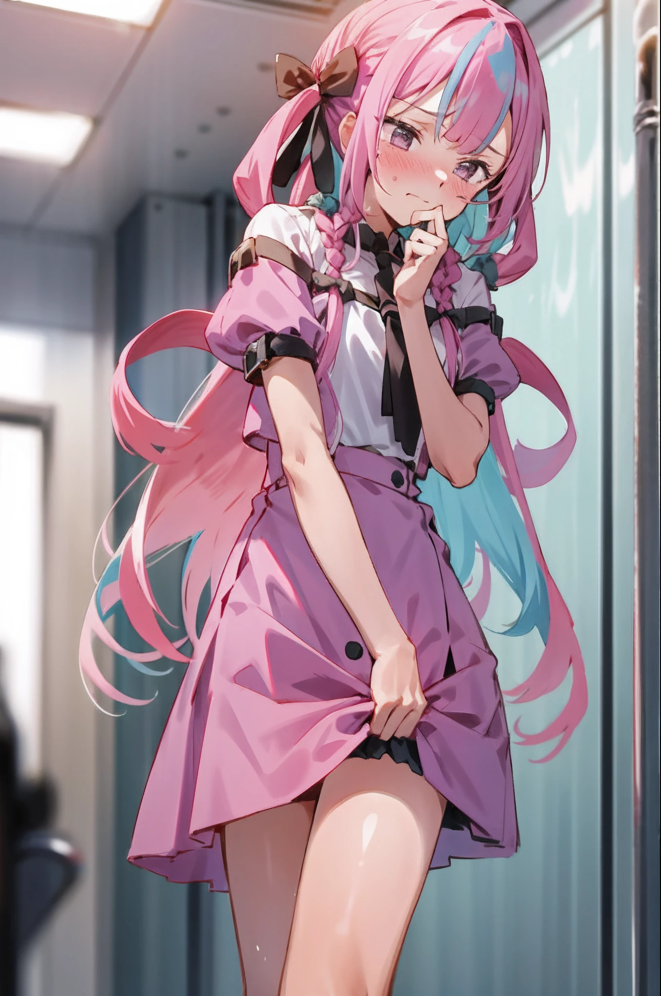 1girl with long hair and dress, 1 girl is taking to lavatory, looking away, standing, embarrassed, blush, Keep one's mouth shut, street (girl is peeing self:0.4)