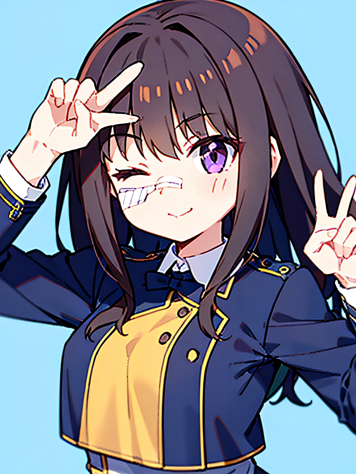 Takina Inoue, black hair, purple eyes, Takina Inoue uniform, bandage on cheek, white bandage, winking, wink, one eye closed, one hand peace sign, peace sign, peace sign hovering over closed eye, peace sign covering closed eye, victory, victory pose, sideways peace sign