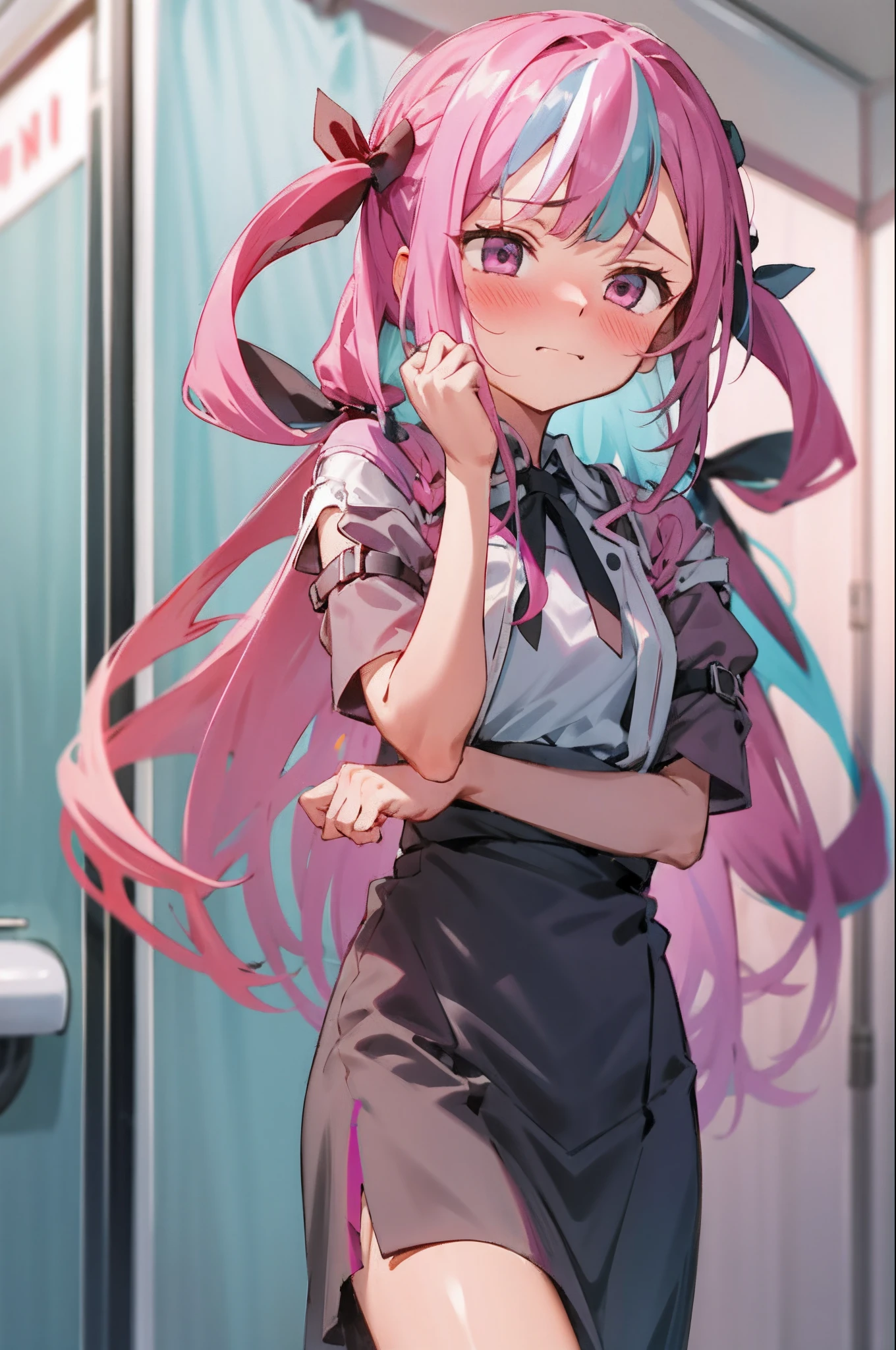 1girl with long hair and dress, 1 girl is taking to lavatory, looking away, standing, embarrassed, blush, Keep one's mouth shut, street (girl is peeing self:0.4)