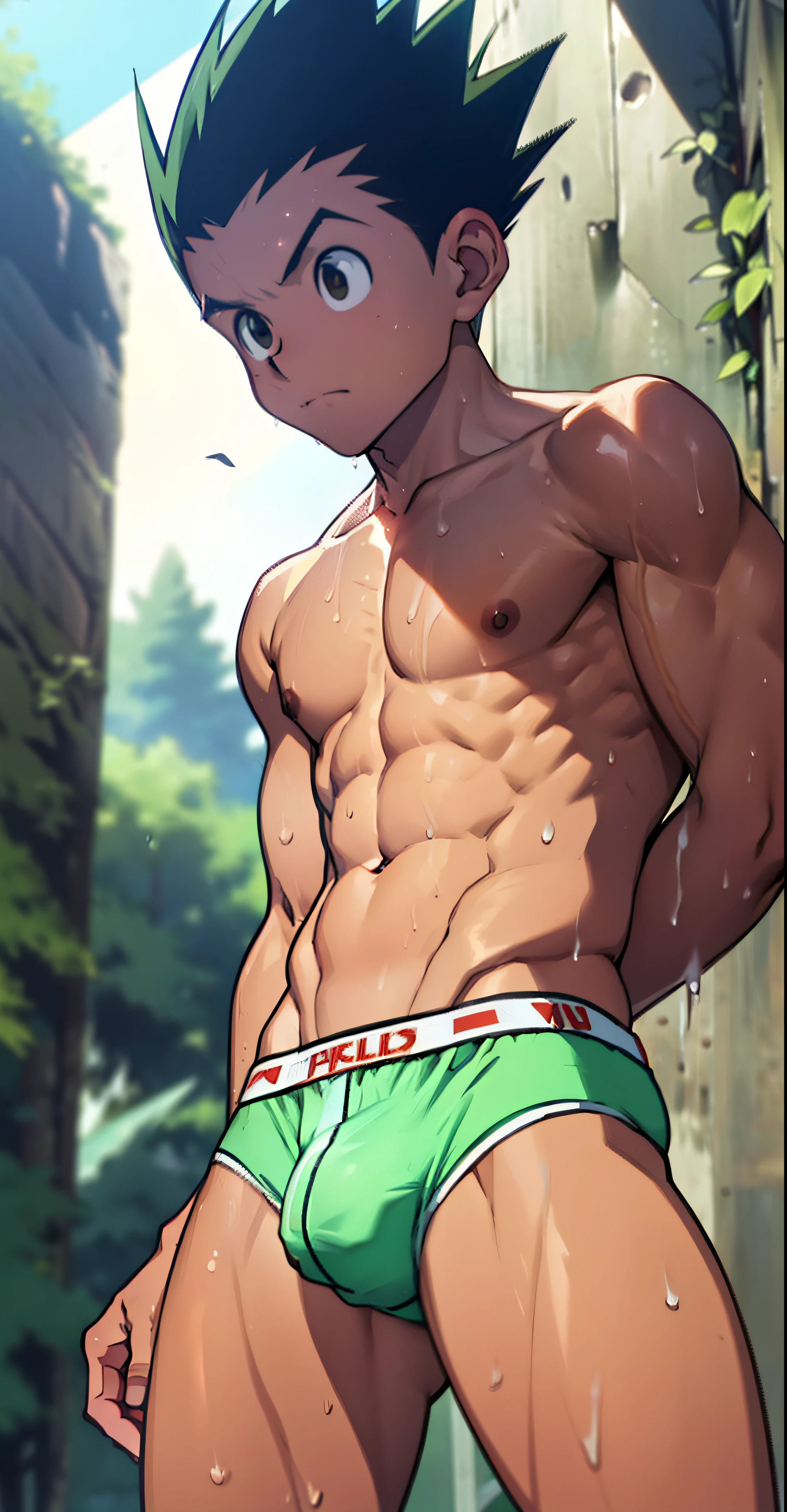 boy, topless, shirtless, cute baby fy, strong thigh muscles and giant tendons, sweating profusely, wearing triangle underwear, underwear bulging due to his genitals genitals, white underwear, hands behind back (photo angle from bottom up)