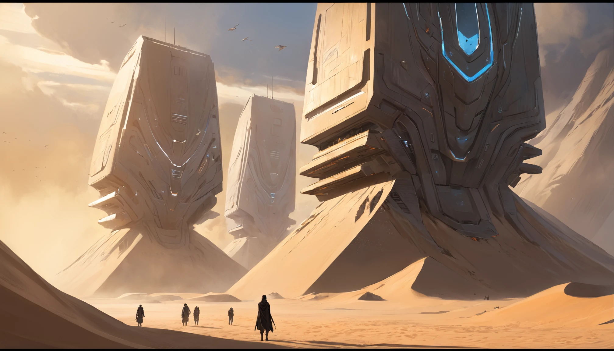 Dune concept art，Clean and neat tones，Sci-fi base scene，Huge scene，Square-shaped complex，Soviet aesthetic architecture，huge buildings，There are many ships in the air，Size contrast，crowd of，Soldiers versus soldiers，Big scenes of war，smog，epic concept art，Fine 8K，vray，Wasteland Science Fiction