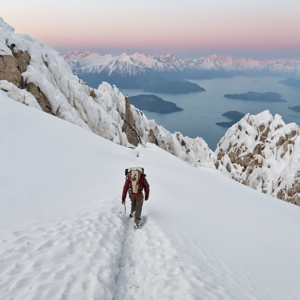 Climb the back of a snowy mountain alone,Very shocking picture,Blue sky