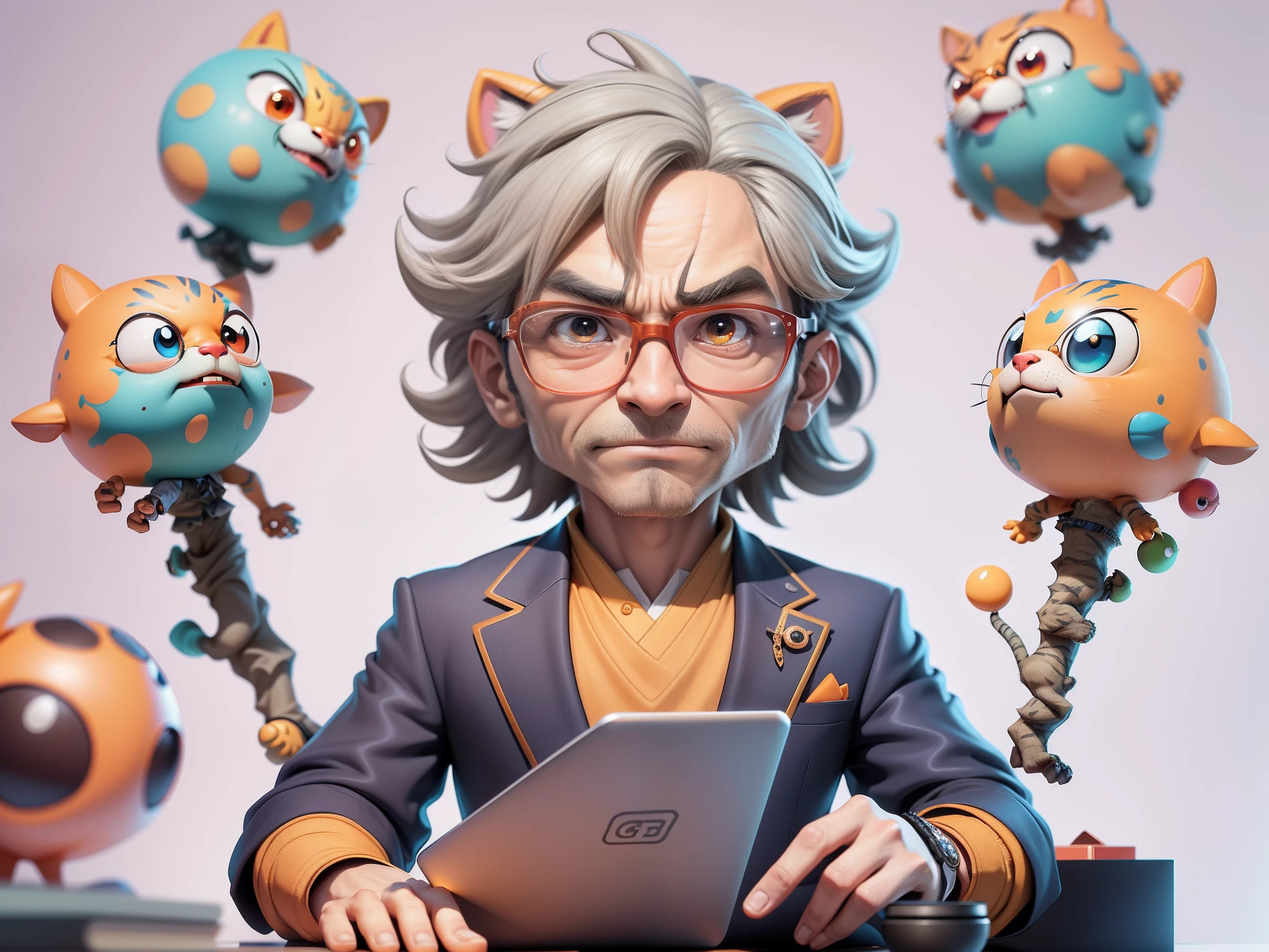 A young man in a suit, Short hair and glasses sat at his desk，holding laptop，digitial painting，tigre，3D character design by Mark Clairen and Pixar and Hayao Miyazaki and Akira Toriyama，4K HD illustration，Very detailed facial features and cartoon-style visuals。