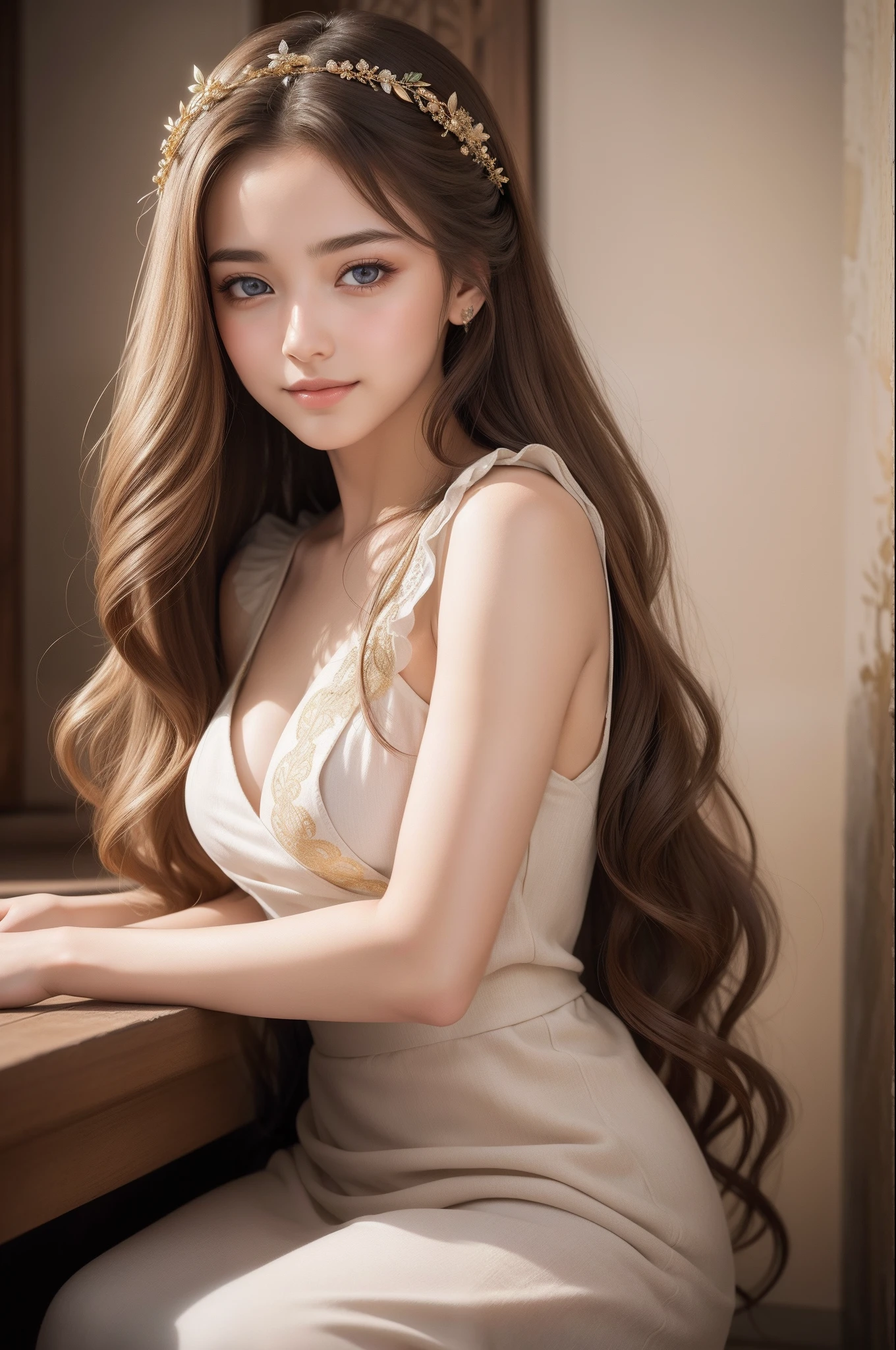 Absurd, ultra-detailed, high quality, masterpiece, detailed face, beautiful eyes(detailed eyes), Greek mythology Goddess, Hestia, goddess of the hearth and home, gentle and graceful, face exudes warmth and kindness, eyes described as soft and comforting, hold a gentle and steady gaze, Golden hair color, falls in gentle waves, hair is adorned with simple floral accents, the overall appearance is simple and modest, The fabric of her garments is usually depicted as soft and earth-toned, beauty lies not in extravagant adornments, Her smile is serene and welcoming